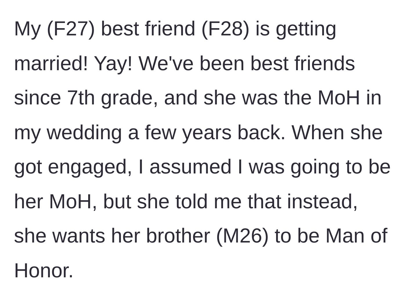 Story part 1 - The author explaining how her best friend since 7th grade chose her 26-year-old brother to be the Man of Honor instead of her.