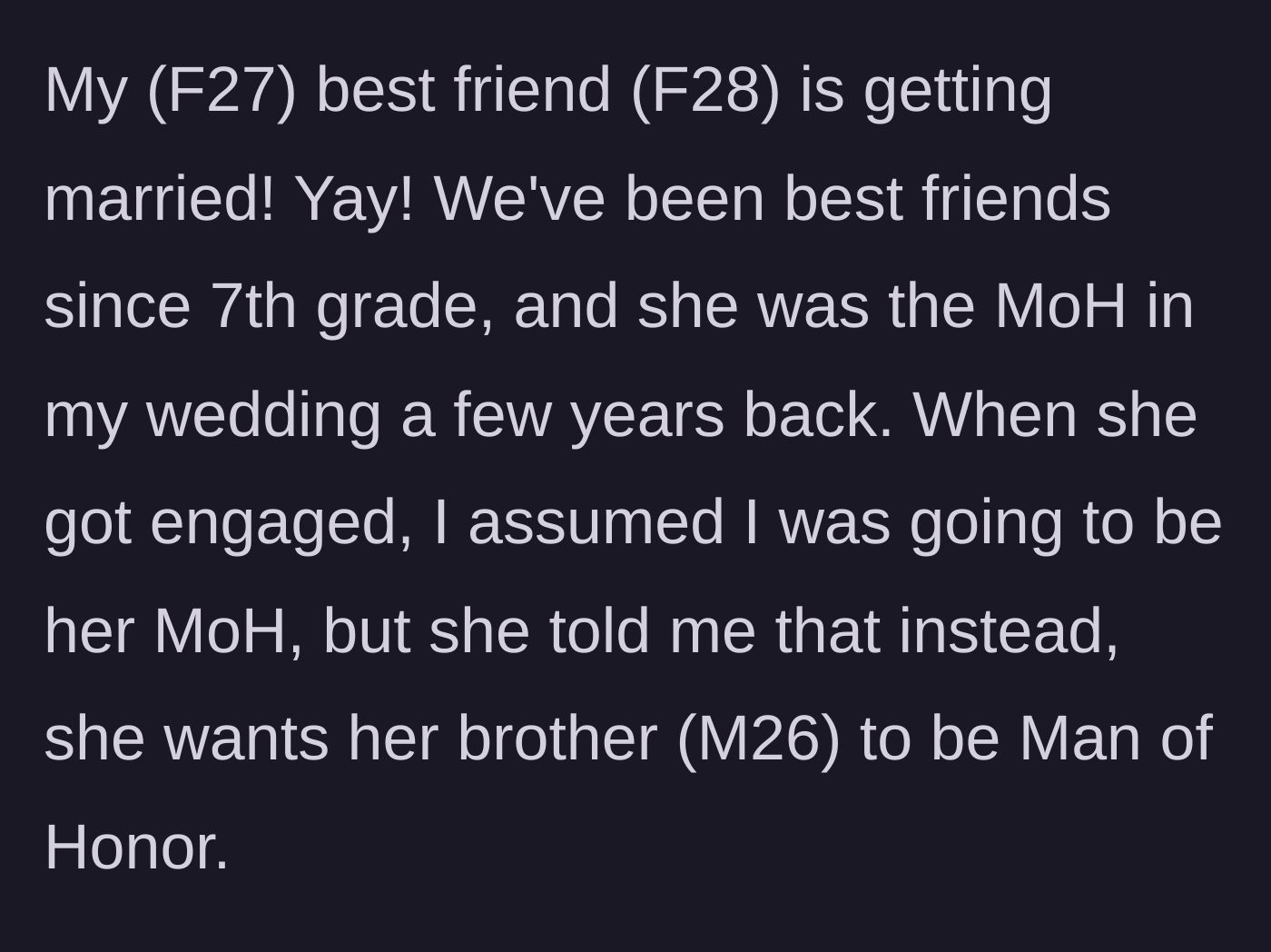 Story part 1 - The author explaining how her best friend since 7th grade chose her 26-year-old brother to be the Man of Honor instead of her.