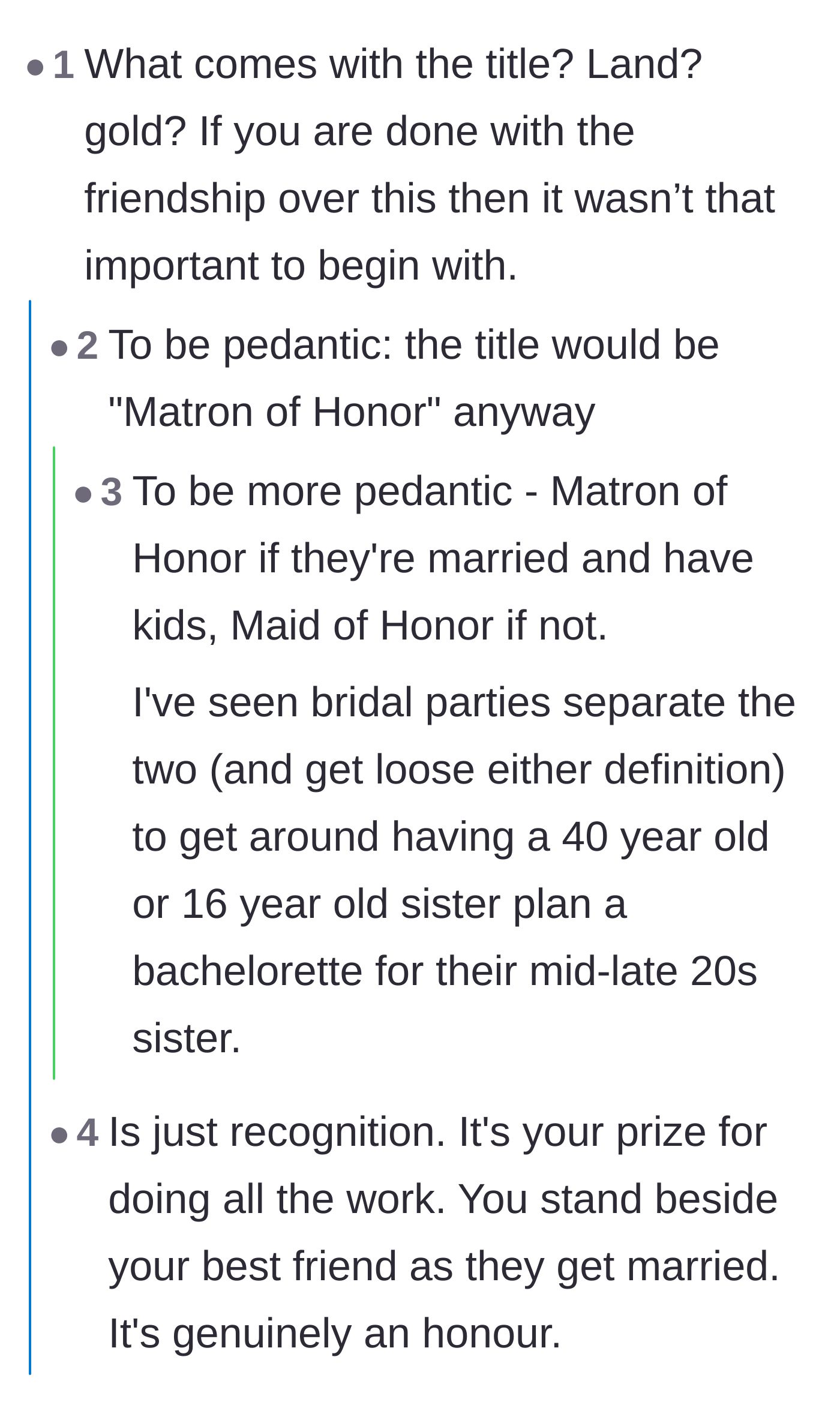 Comment thread 6 - A sarcastic comment asking if the title comes with land or gold, followed by explanations of what the honor actually means.