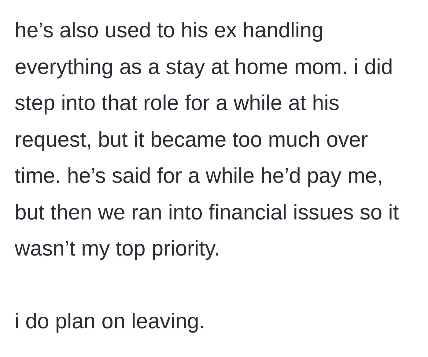 Story part 10 - The revelation about the stay-at-home-mom ex and her ultimate plan to leave