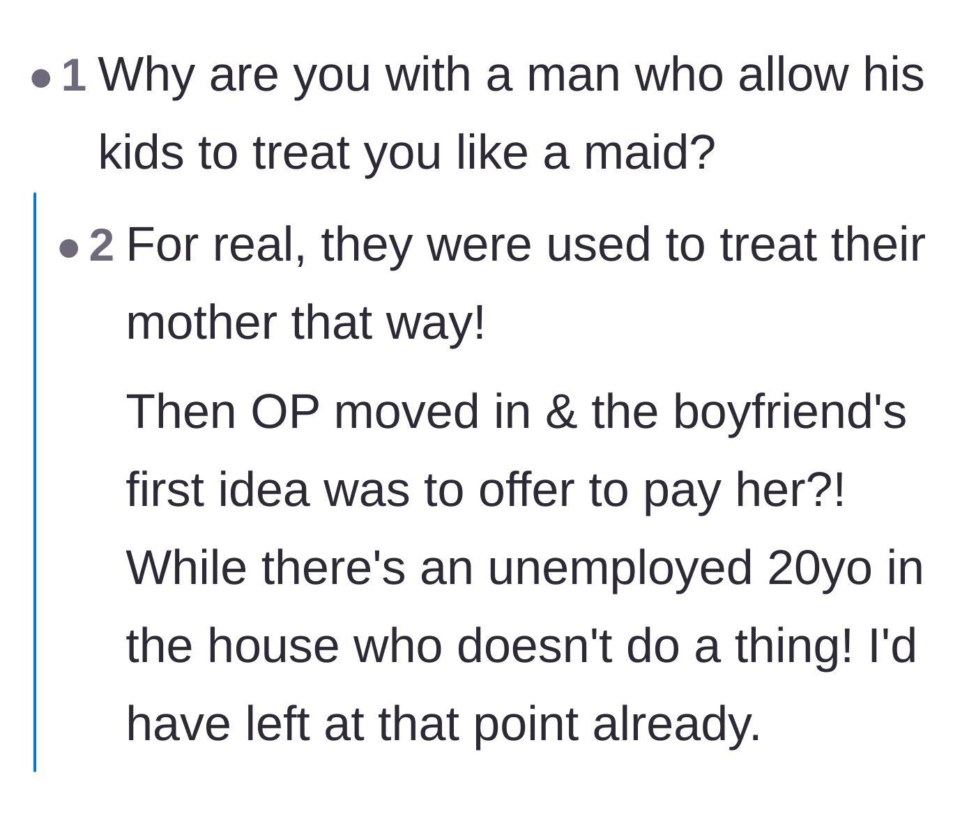 Comment thread 1 - Readers pointing out the absurdity of the boyfriend offering to pay her instead of making the 20-year-old do chores