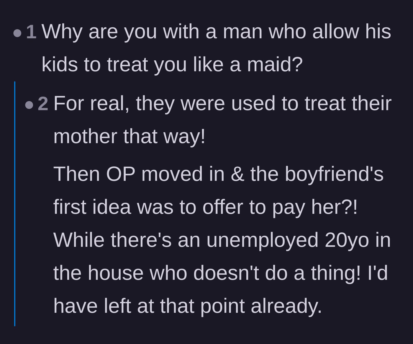Comment thread 1 - Readers pointing out the absurdity of the boyfriend offering to pay her instead of making the 20-year-old do chores