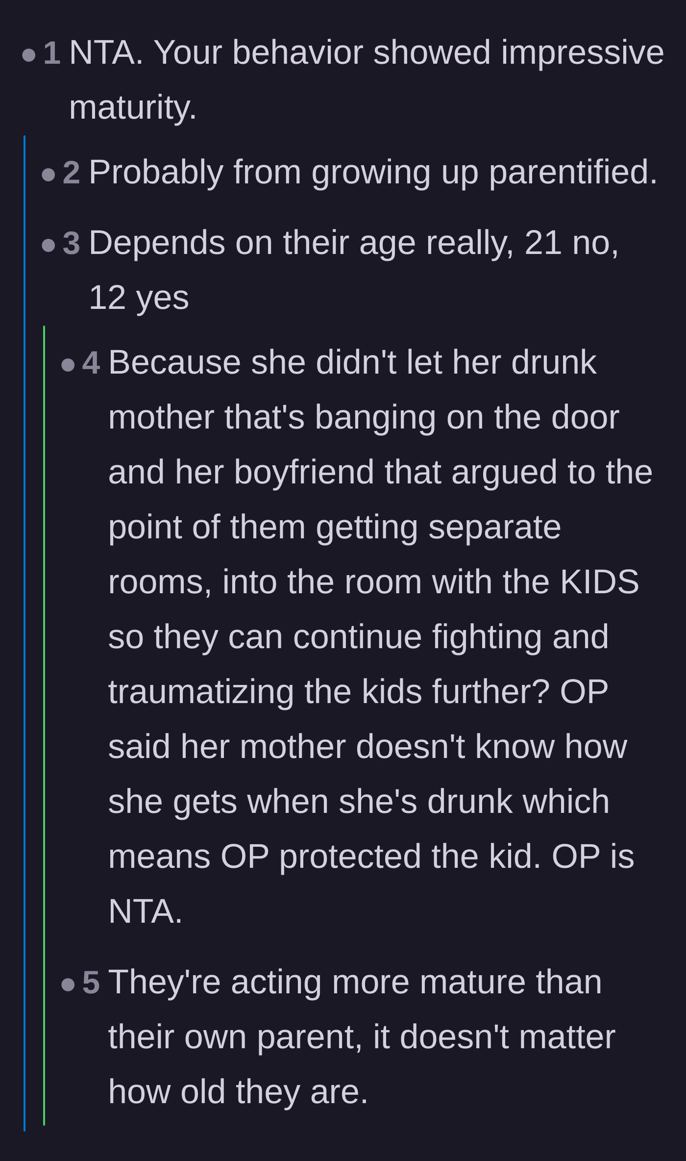Comment thread 1 - Discussion on the main character's impressive maturity and the tragic reality of being parentified.