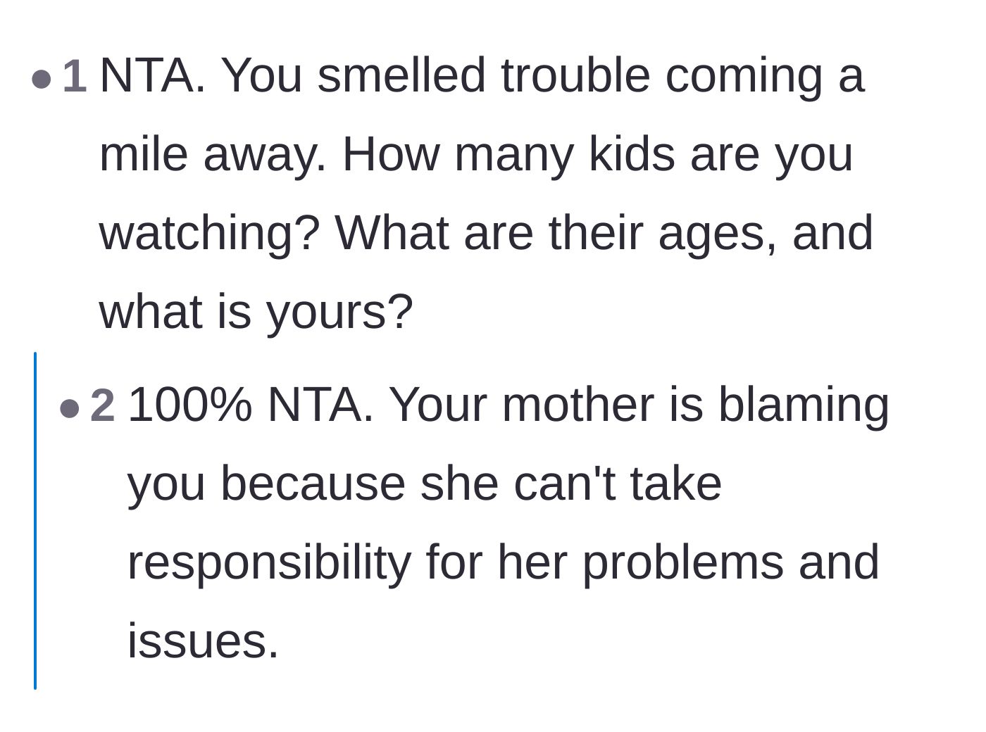 Comment thread 3 - Analysis of how the mother is deflecting blame onto the main character to avoid her own guilt.