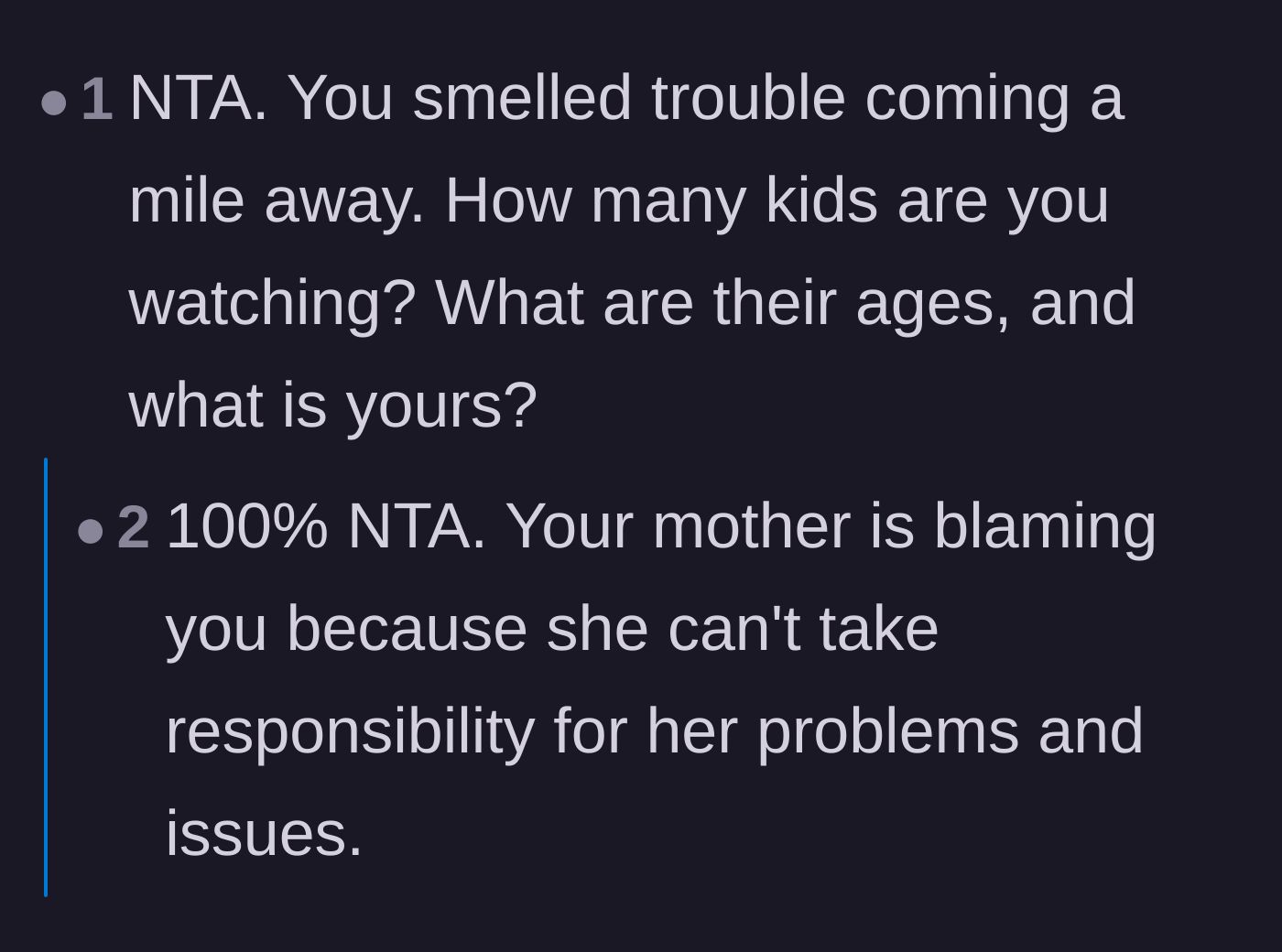 Comment thread 3 - Analysis of how the mother is deflecting blame onto the main character to avoid her own guilt.