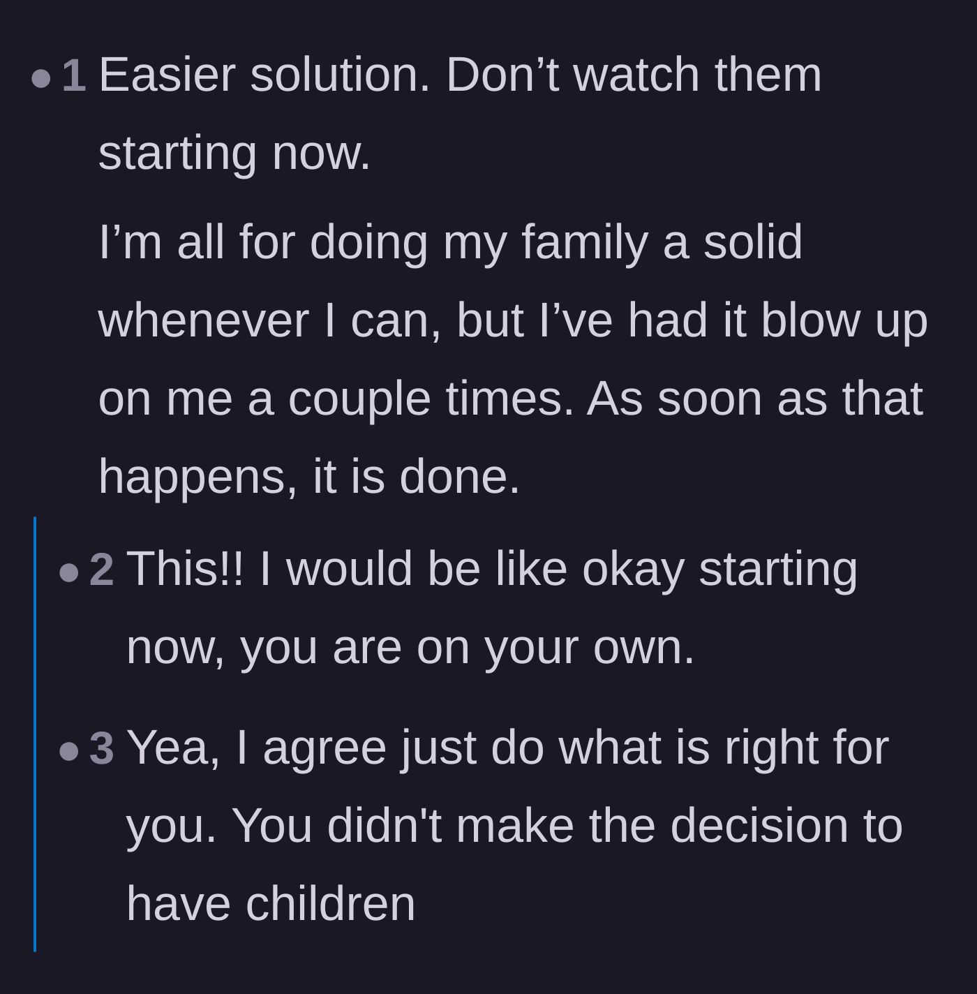 Comment thread 1 - Advice urging the sister to immediately terminate her childcare services.