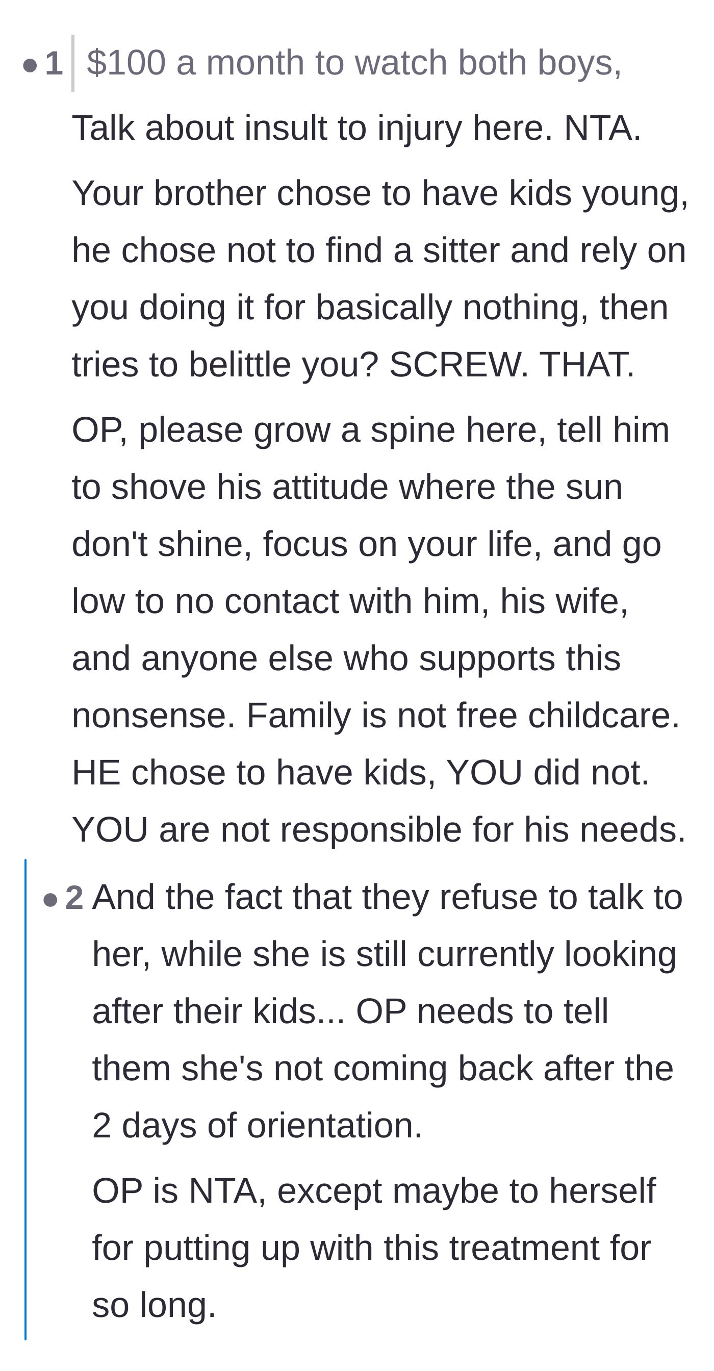 Comment thread 2 - Outrage over the brother's meager payment, history of free labor, and his delusional financial superiority.