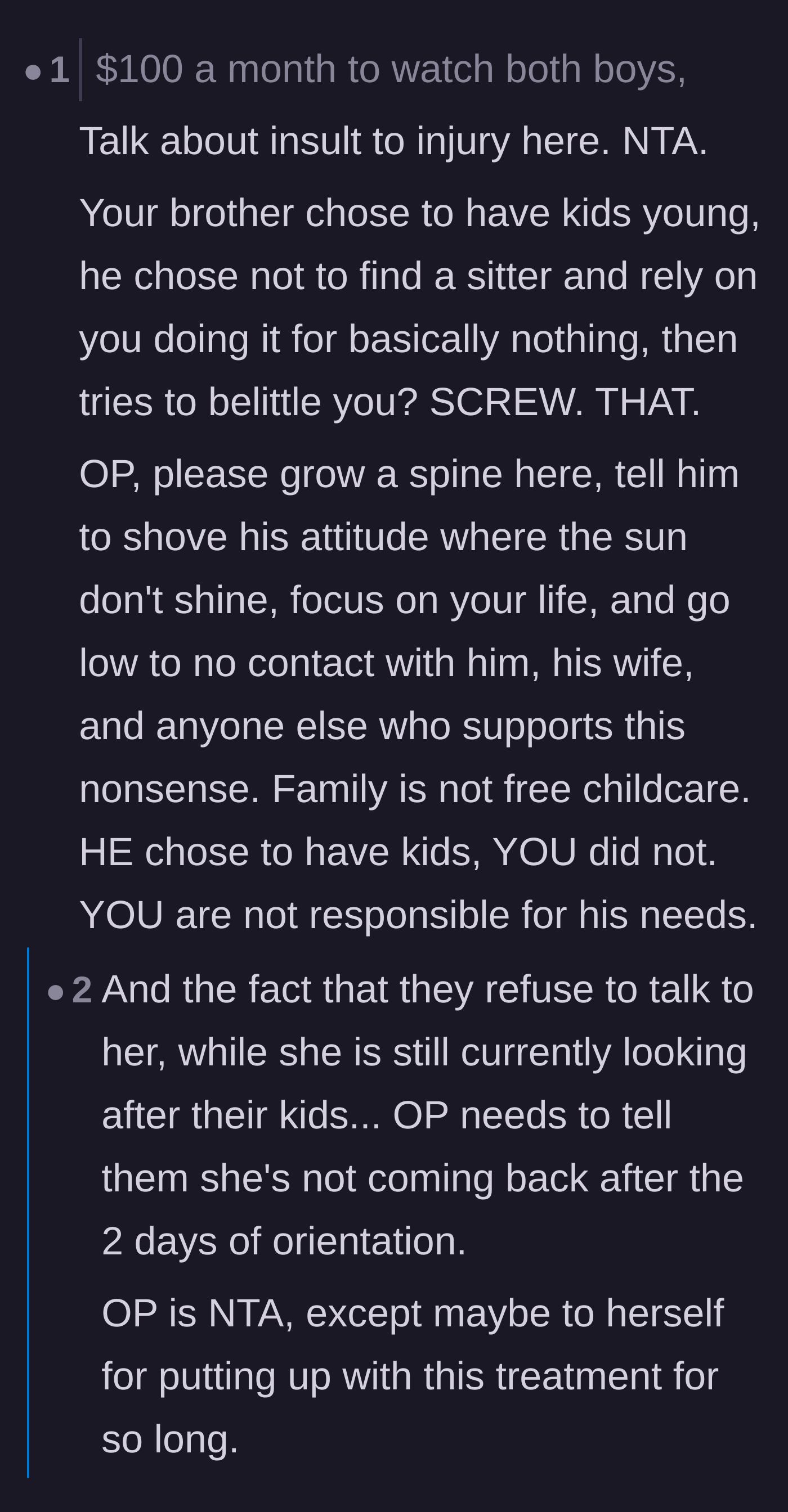 Comment thread 2 - Outrage over the brother's meager payment, history of free labor, and his delusional financial superiority.