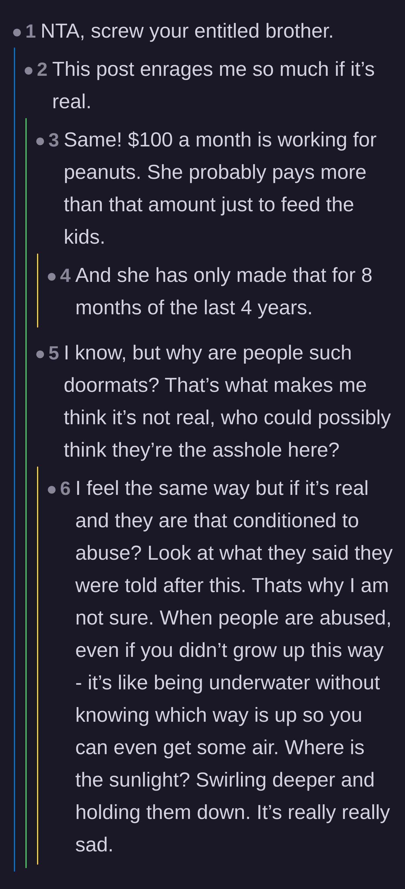 Comment thread 3 - Discussion analyzing how family conditioning and abuse turn people into willing doormats.