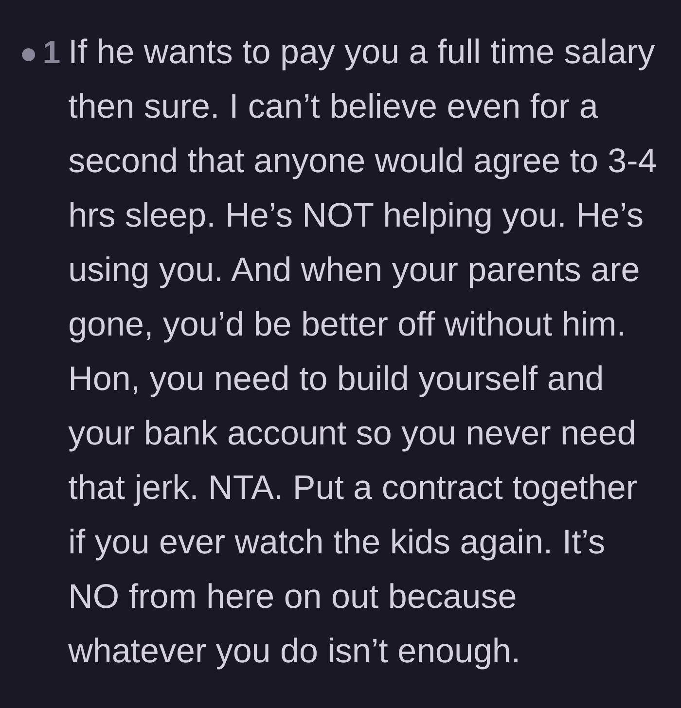 Comment thread 5 - Encouragement for the sister to secure her own financial independence and cut ties.