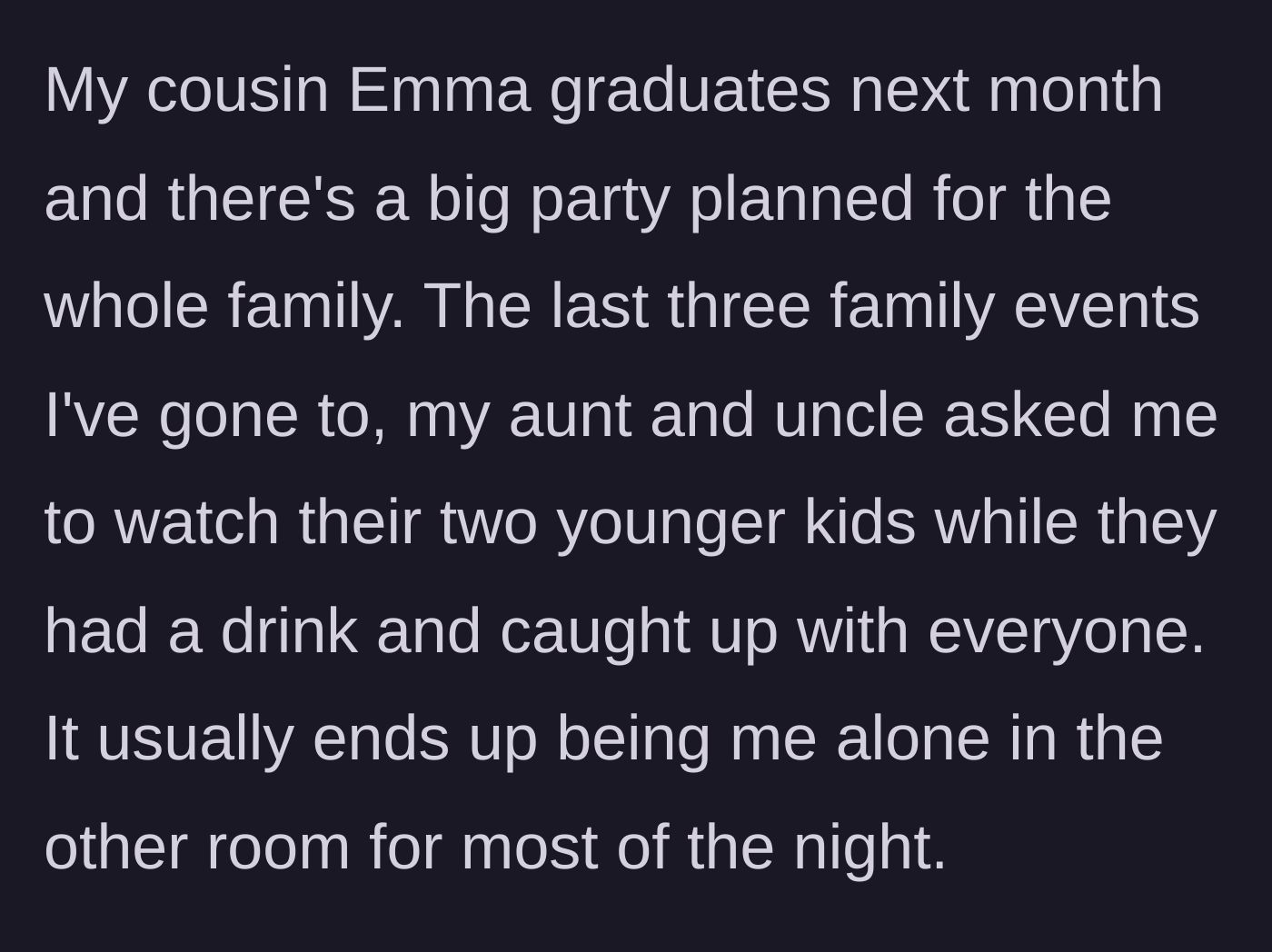 Story part 1 - Our narrator explains the setup for cousin Emma's graduation party and how her aunt and uncle always abandon their kids with her so they can party.