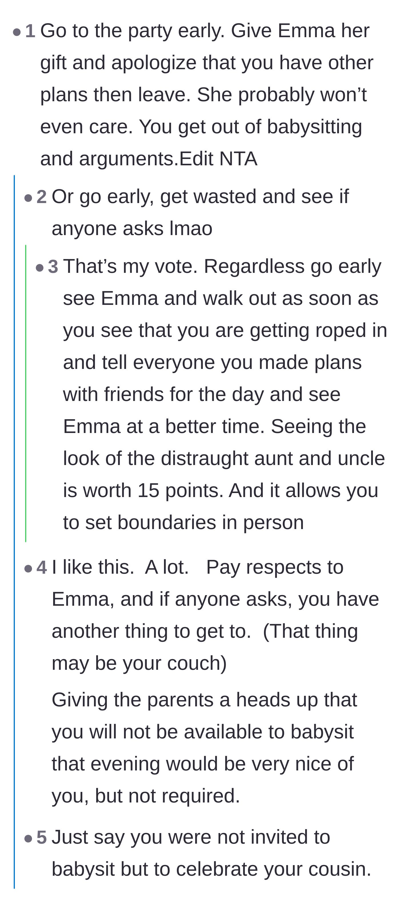 Comment thread 1 - Readers debating whether she should drop off the gift early and run, or show up with a beer in hand to ward off babysitting duty.