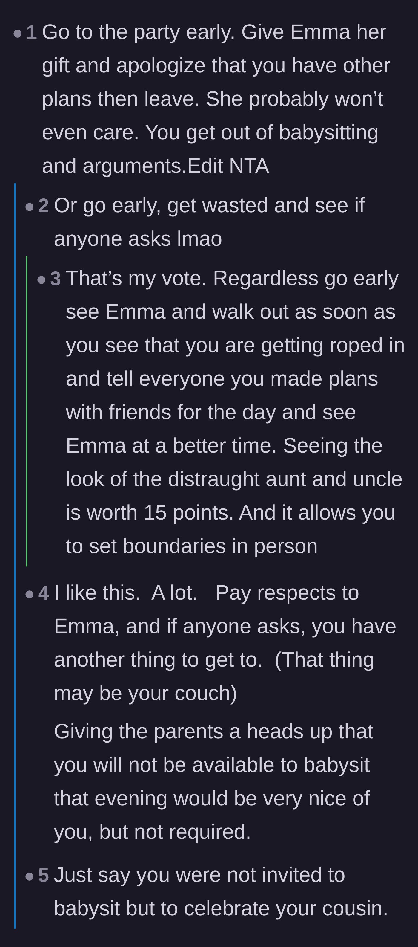 Comment thread 1 - Readers debating whether she should drop off the gift early and run, or show up with a beer in hand to ward off babysitting duty.