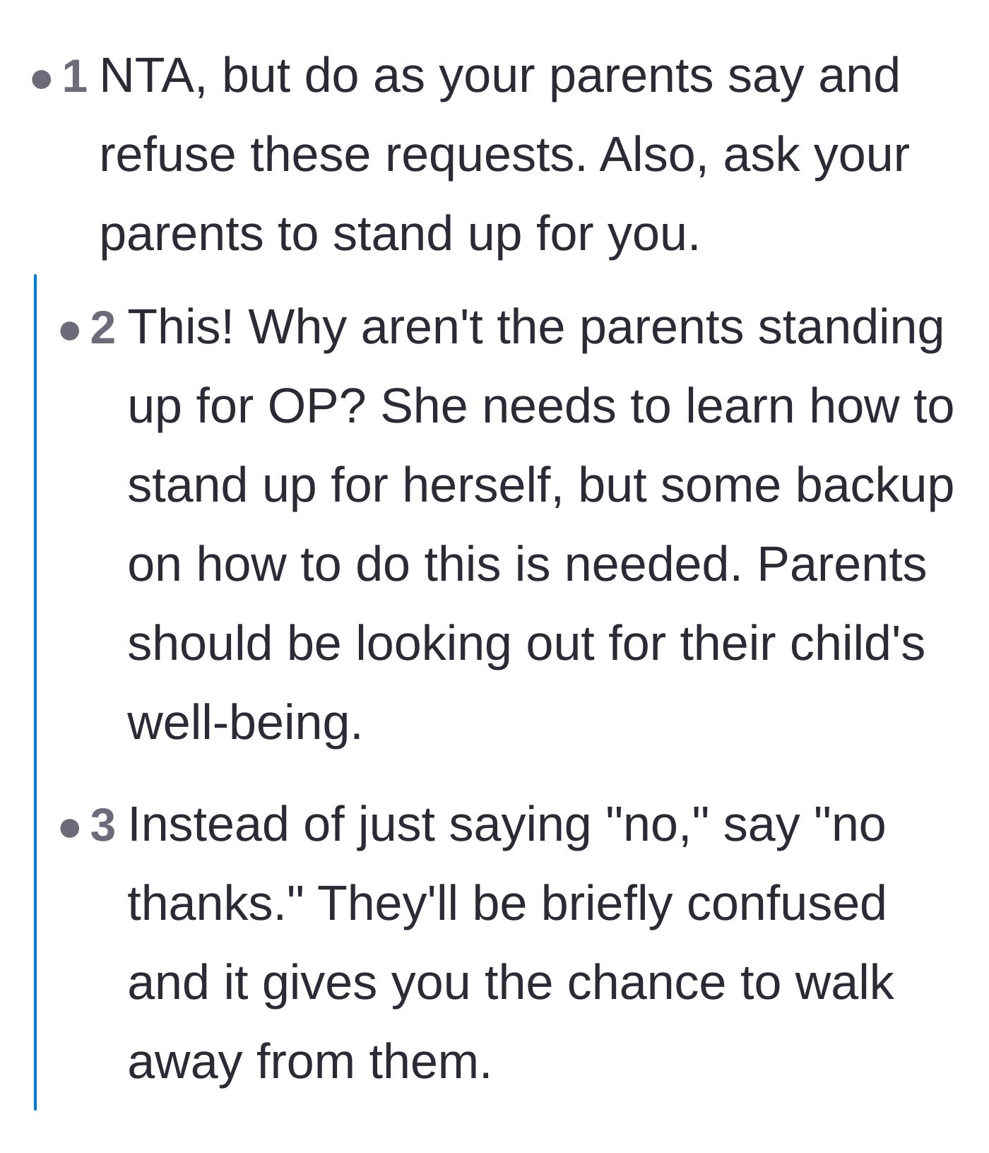 Comment thread 2 - Advice urging the narrator to just say no and calling out her own parents for not defending her.