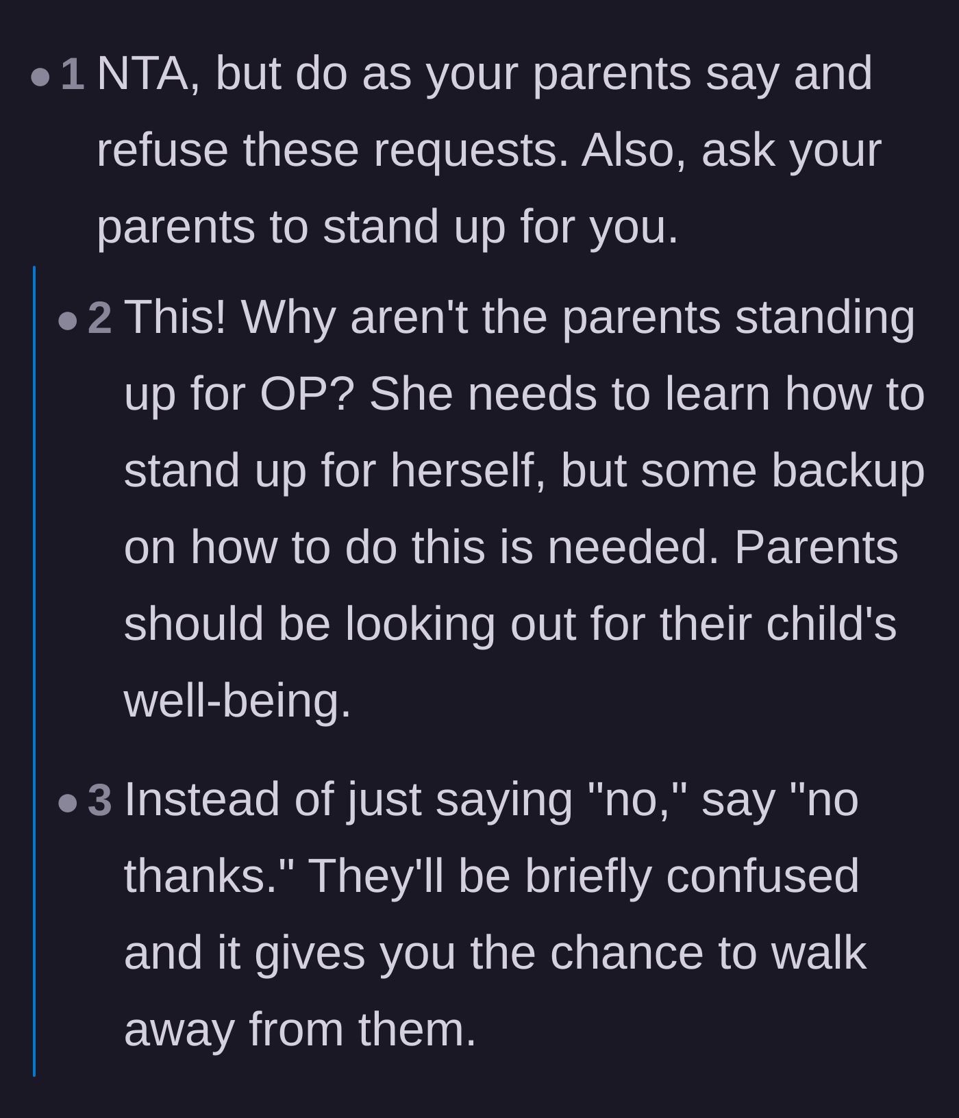 Comment thread 2 - Advice urging the narrator to just say no and calling out her own parents for not defending her.