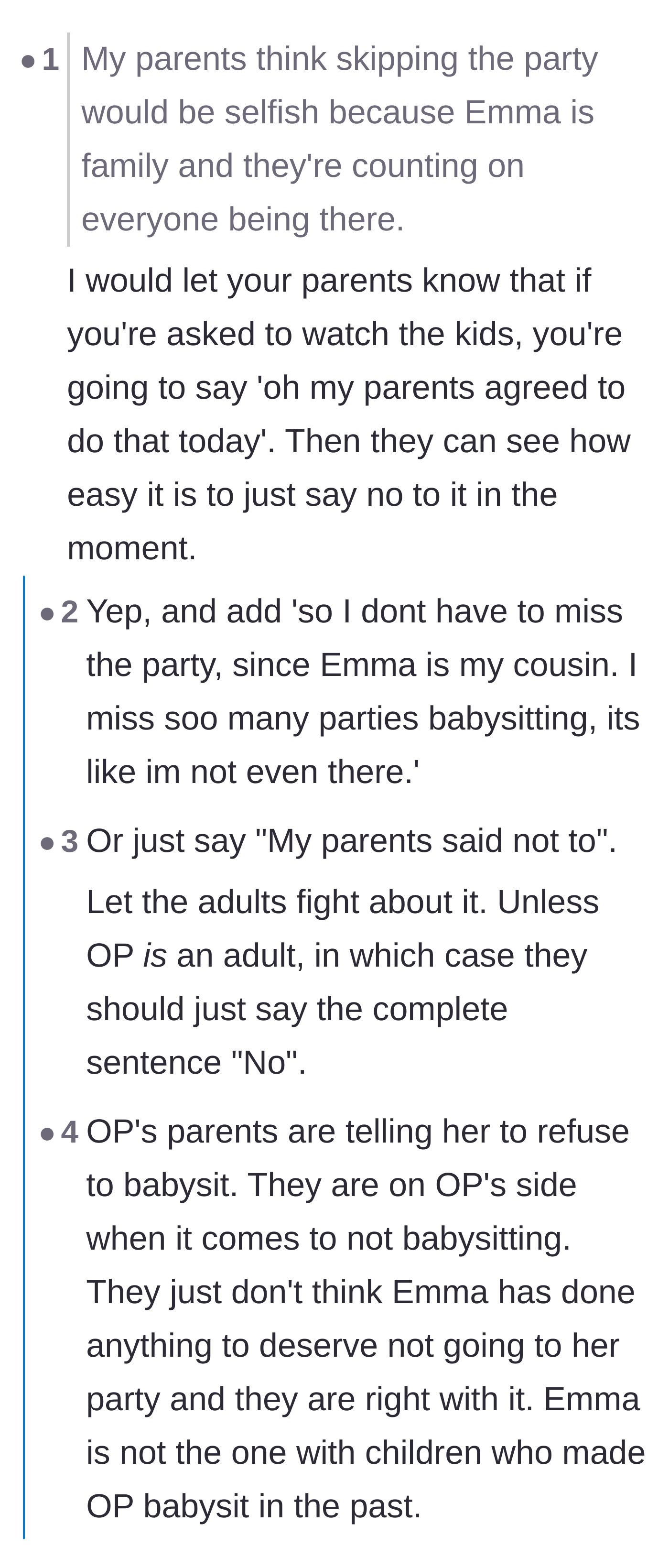 Comment thread 3 - A genius suggestion to tell the aunt and uncle that the narrator's parents volunteered to babysit instead.