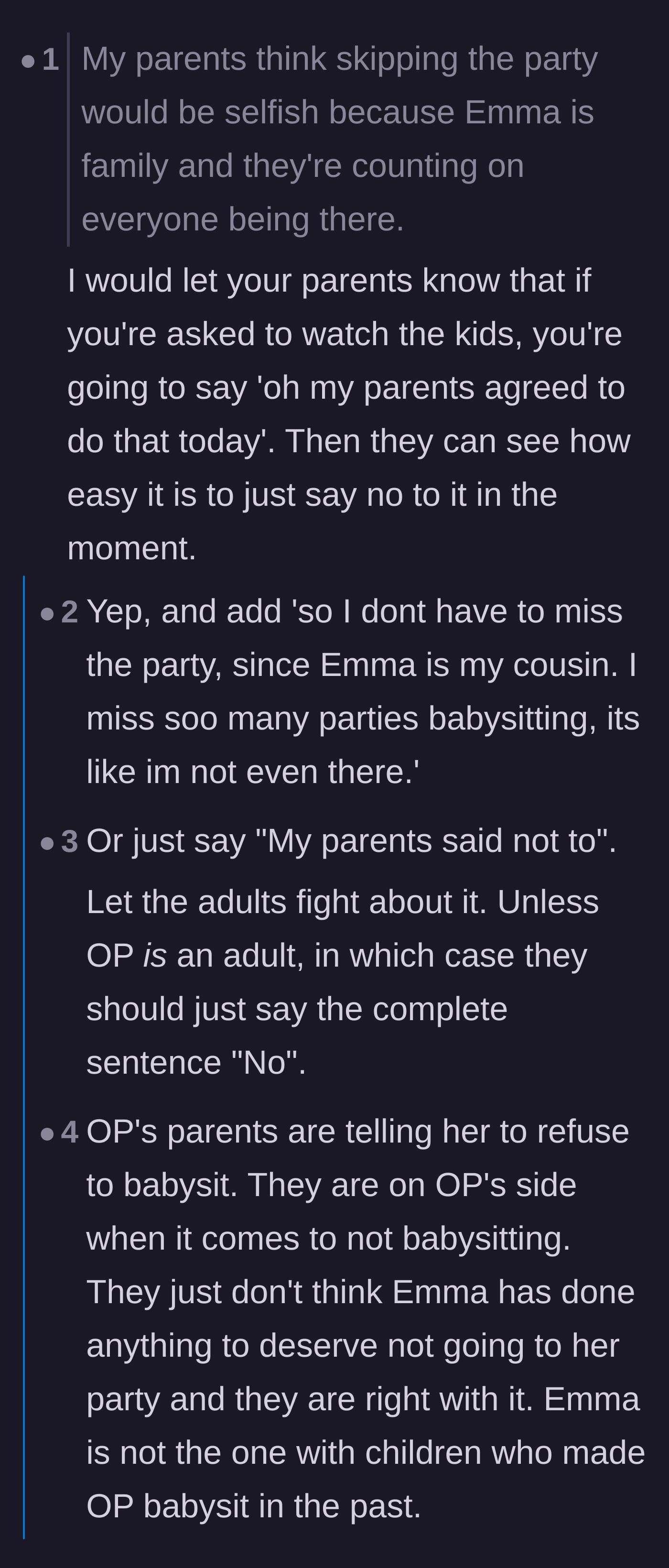 Comment thread 3 - A genius suggestion to tell the aunt and uncle that the narrator's parents volunteered to babysit instead.