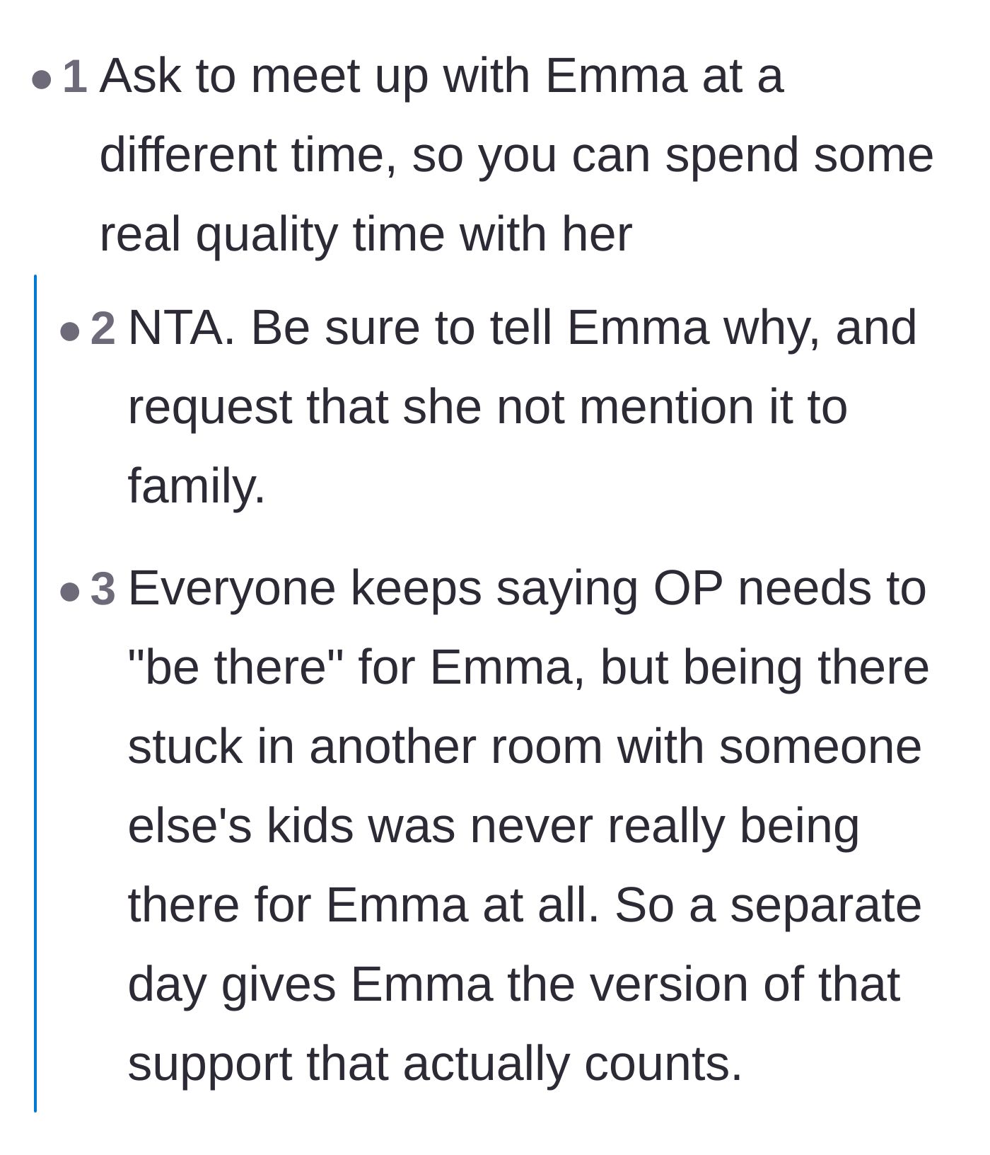 Comment thread 6 - Pointing out that she wasn't really spending time with the graduate anyway and should just take her out separately.