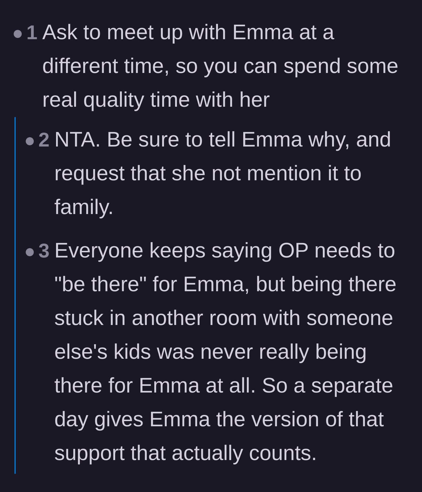 Comment thread 6 - Pointing out that she wasn't really spending time with the graduate anyway and should just take her out separately.