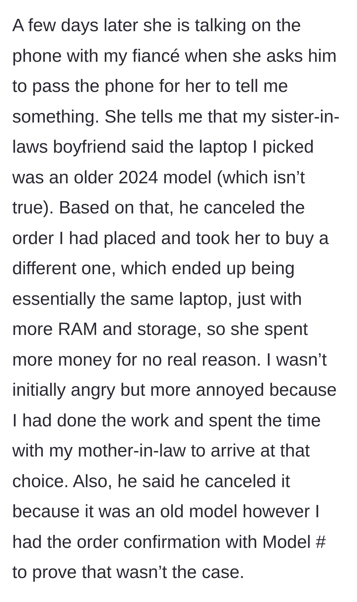 Story part 4 - Mother-in-law reveals the new boyfriend canceled the laptop order, claiming it was an old model, and made her buy a more expensive one.