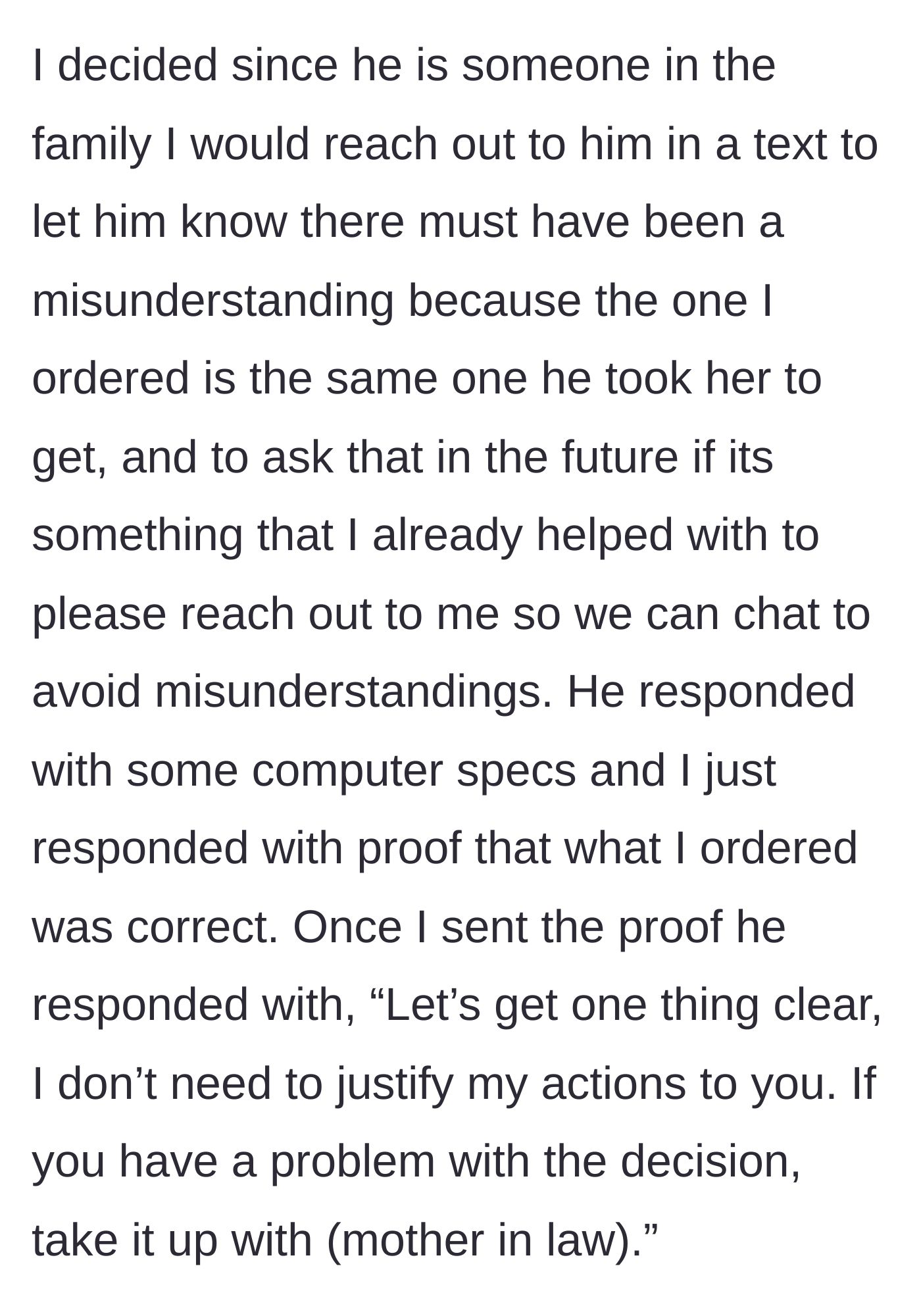 Story part 5 - Main character texts the boyfriend with proof of the correct laptop model and asks him to communicate next time, but he responds rudely.