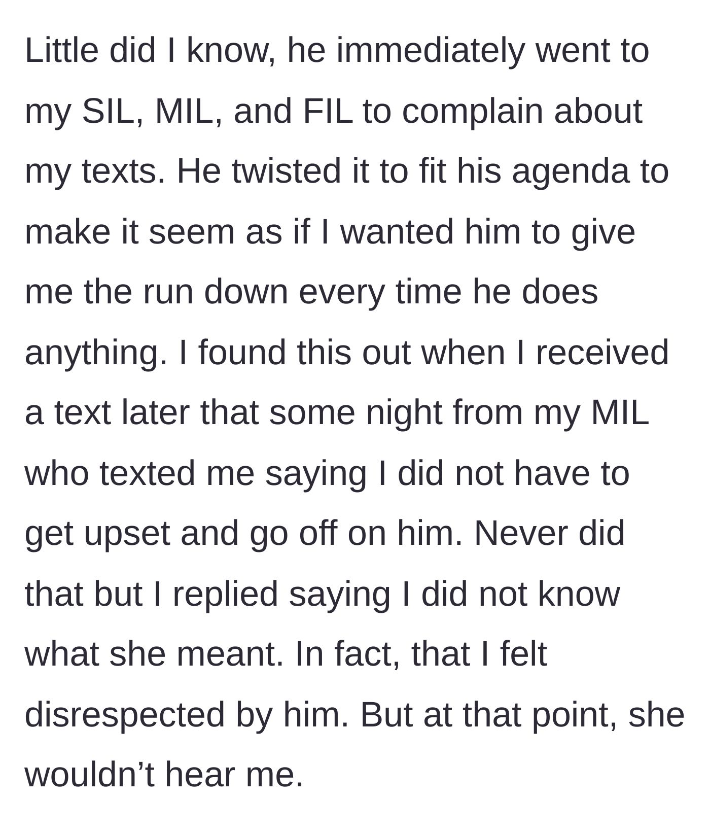Story part 7 - The boyfriend immediately complains to the in-laws, twisting the narrative to make the main character look like the aggressor.