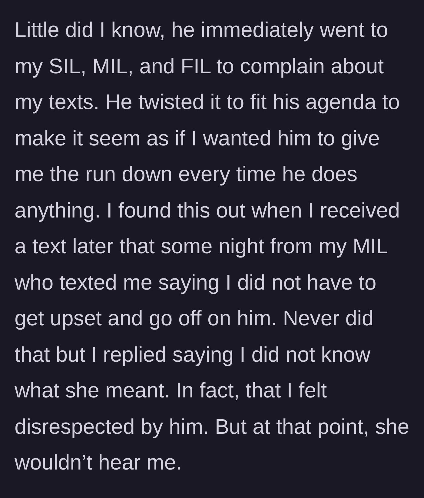 Story part 7 - The boyfriend immediately complains to the in-laws, twisting the narrative to make the main character look like the aggressor.