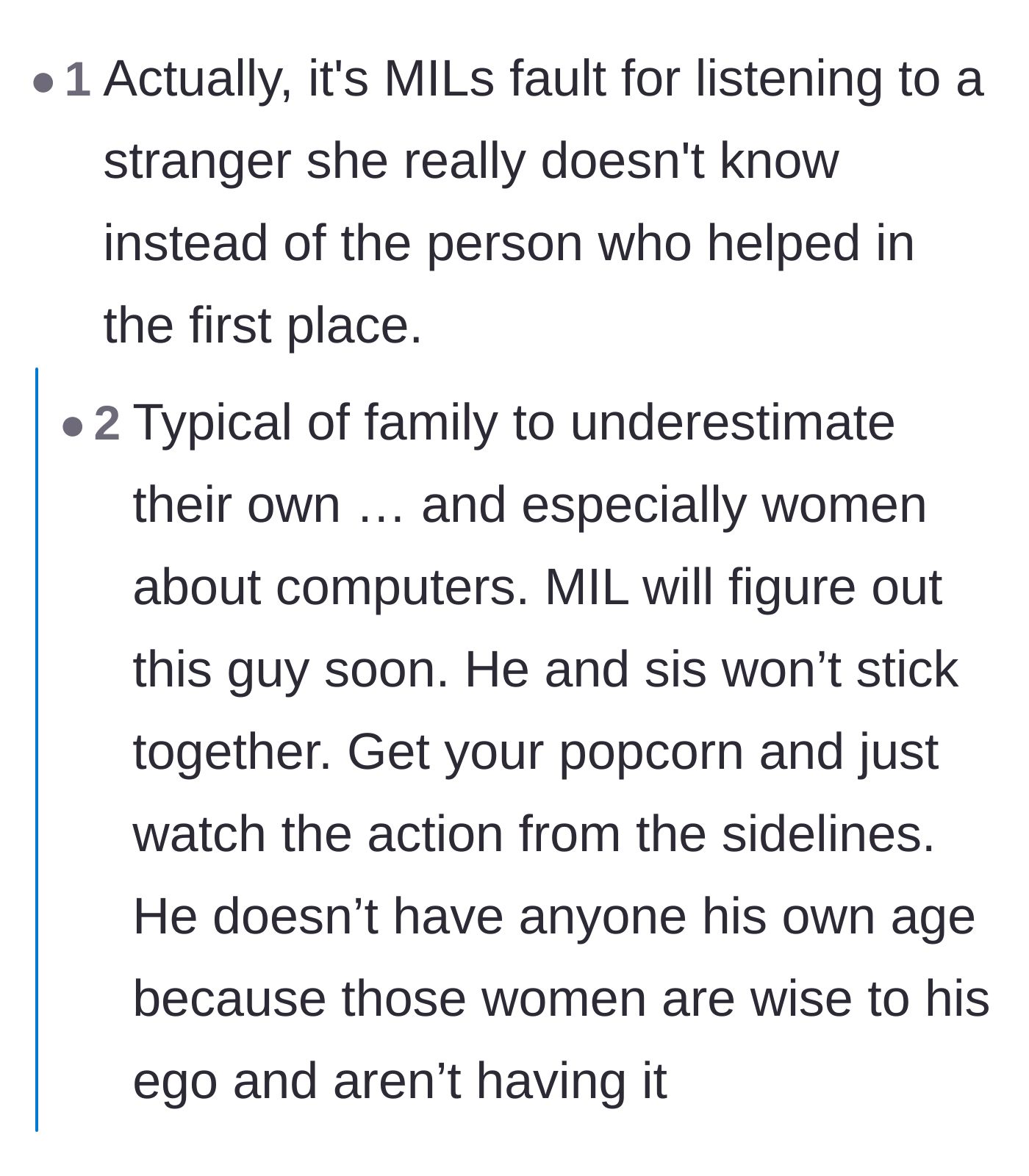 Comment thread 2 - A discussion placing the blame on the mother-in-law for trusting a random man over the woman who actually manages her life, plus details on the Airbnb fiasco.