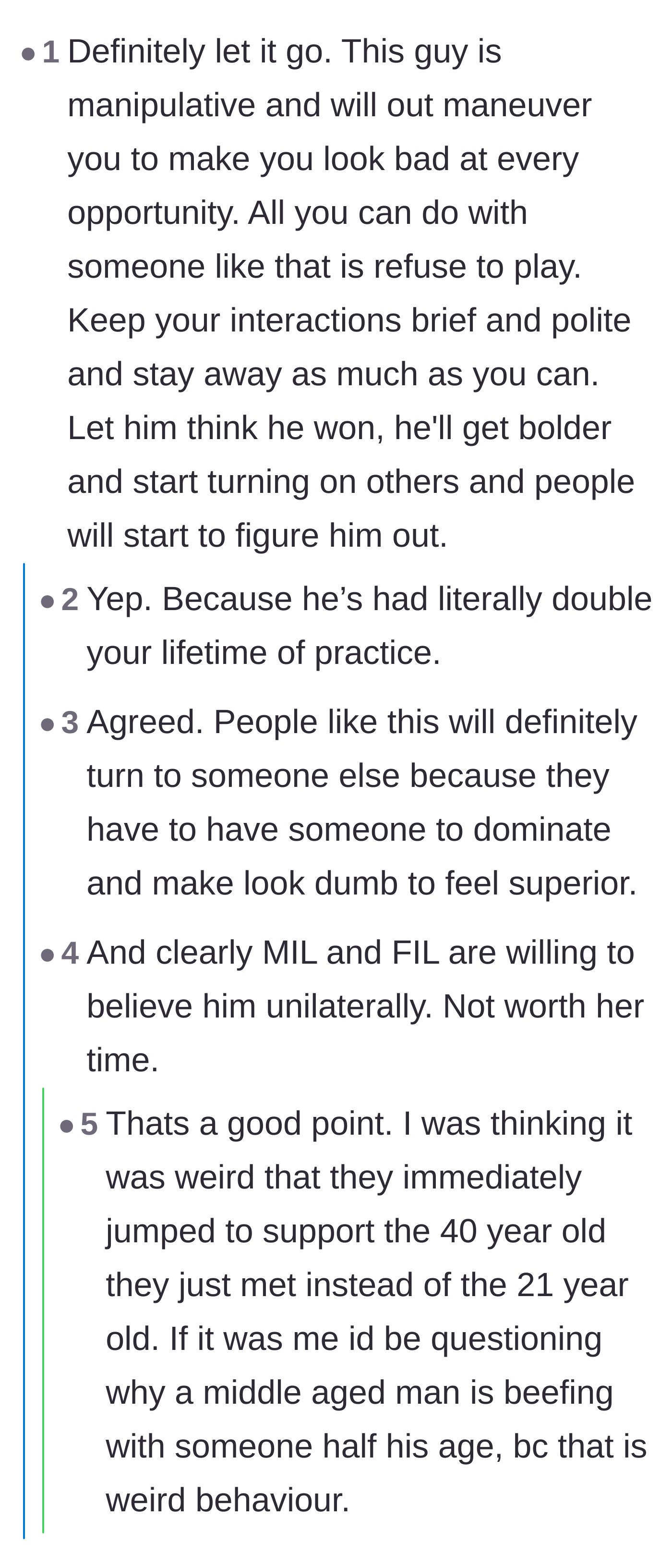 Comment thread 3 - Commenters pointing out that a middle-aged man beefing with a twenty-something is highly manipulative and advising her not to play his game.
