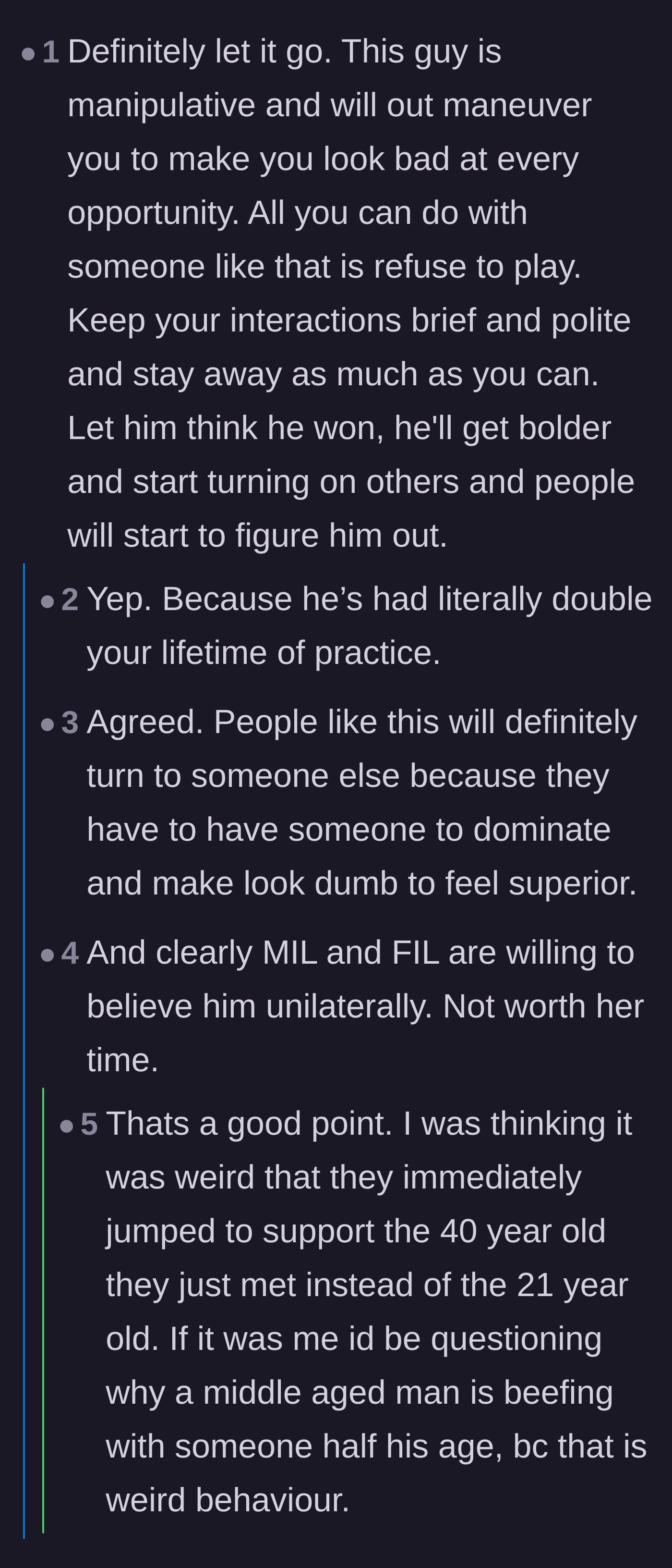 Comment thread 3 - Commenters pointing out that a middle-aged man beefing with a twenty-something is highly manipulative and advising her not to play his game.