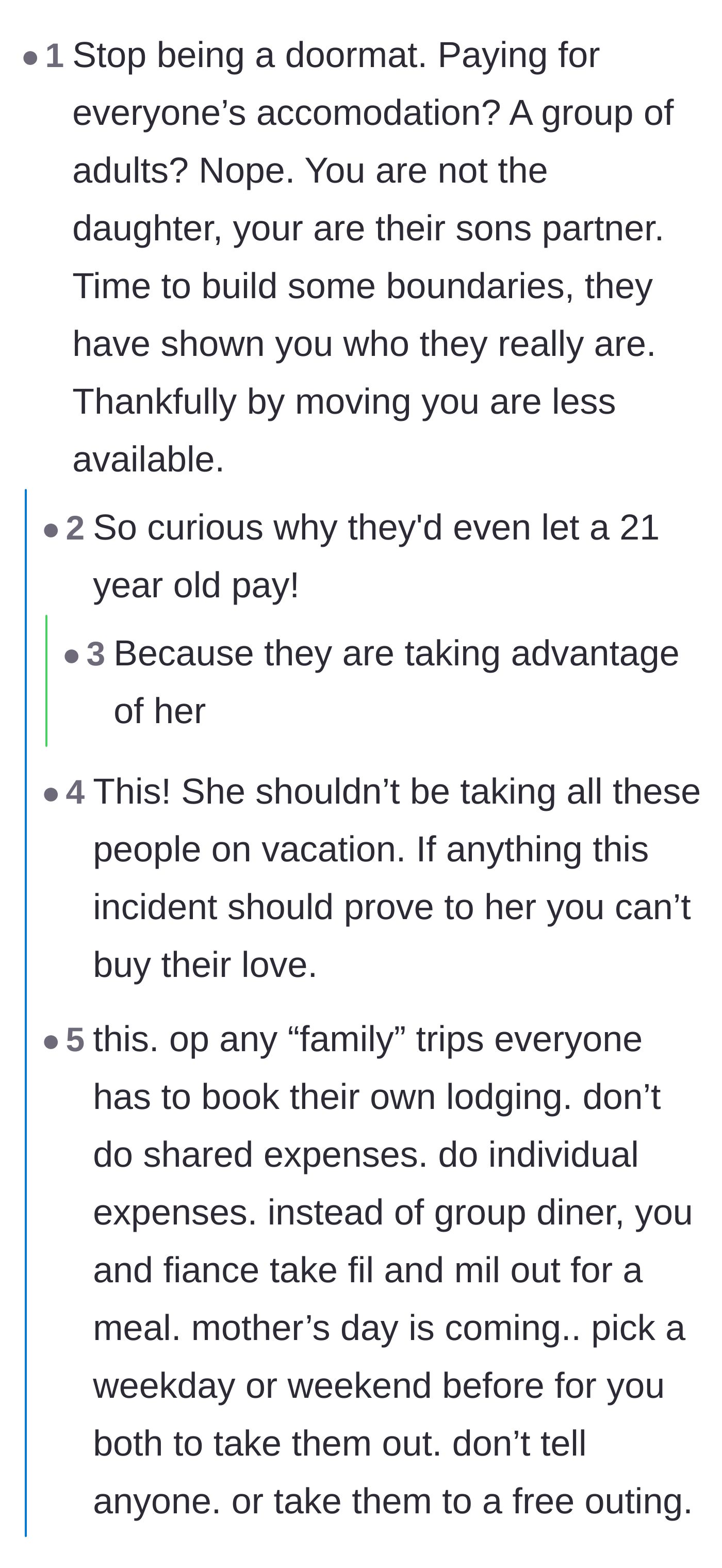 Comment thread 6 - Outraged commenters questioning why an entire family of adults was perfectly fine letting a twenty-one-year-old fund their group trips.