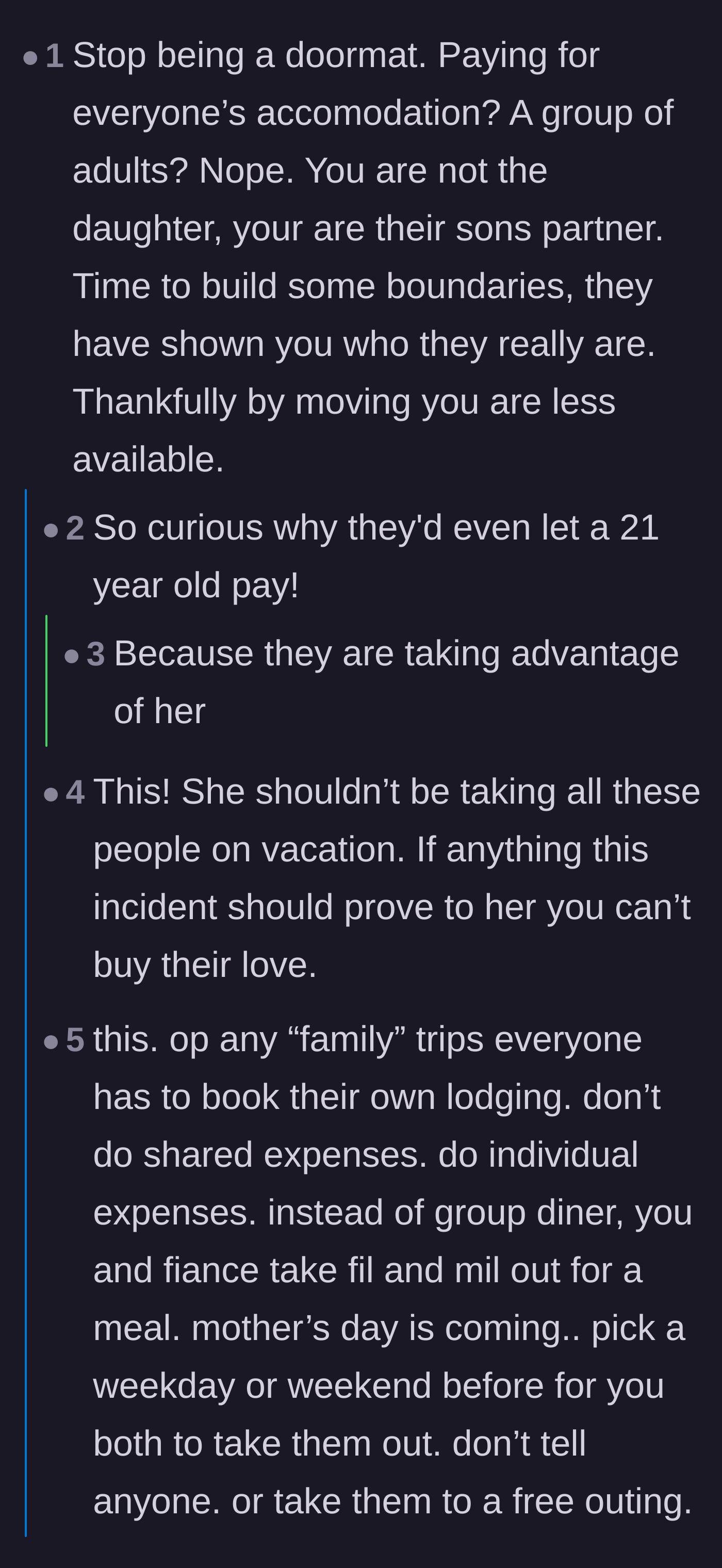 Comment thread 6 - Outraged commenters questioning why an entire family of adults was perfectly fine letting a twenty-one-year-old fund their group trips.