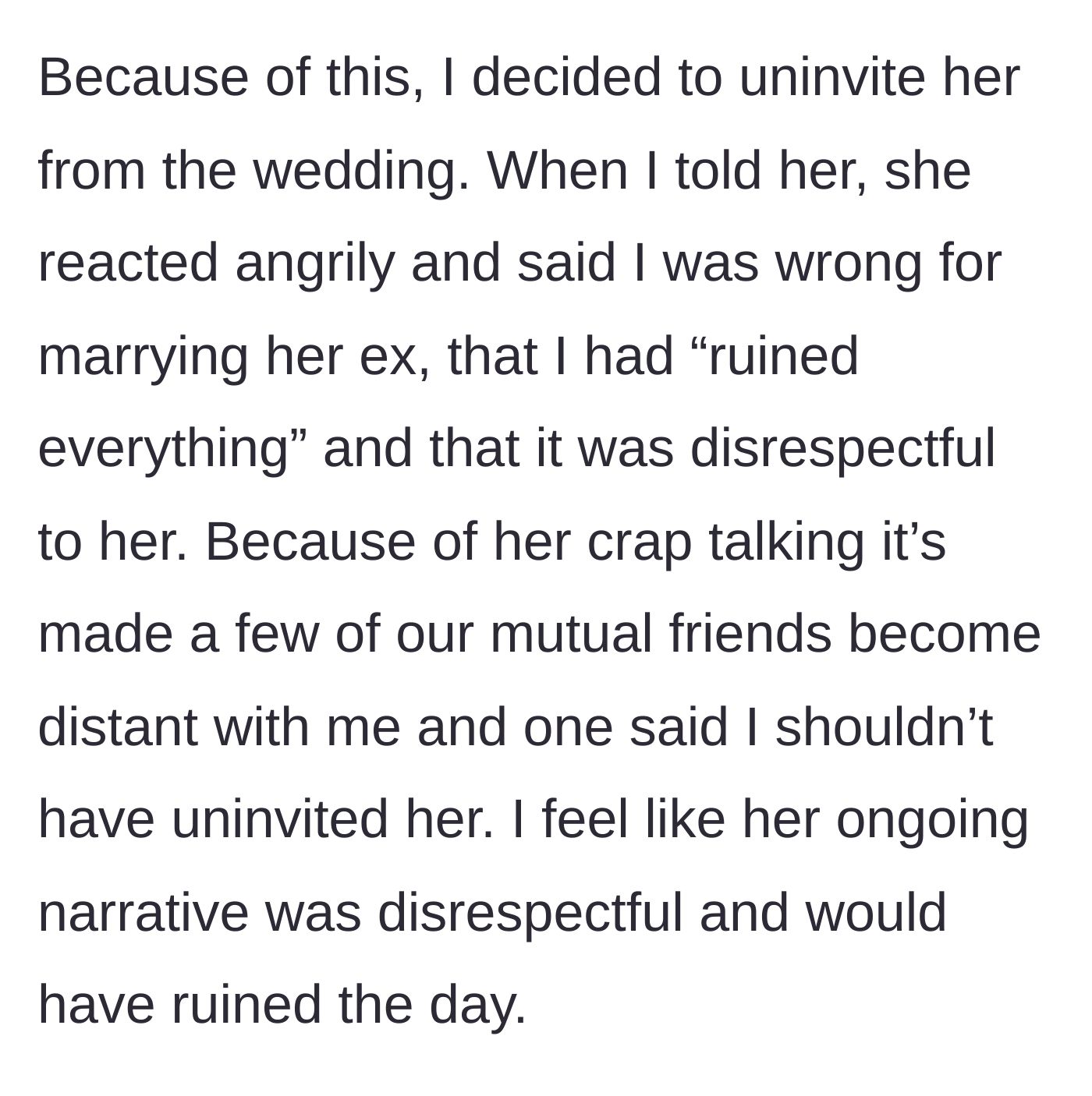 Story part 4 - The bride revoking the wedding invitation and the resulting fallout with their social circle.