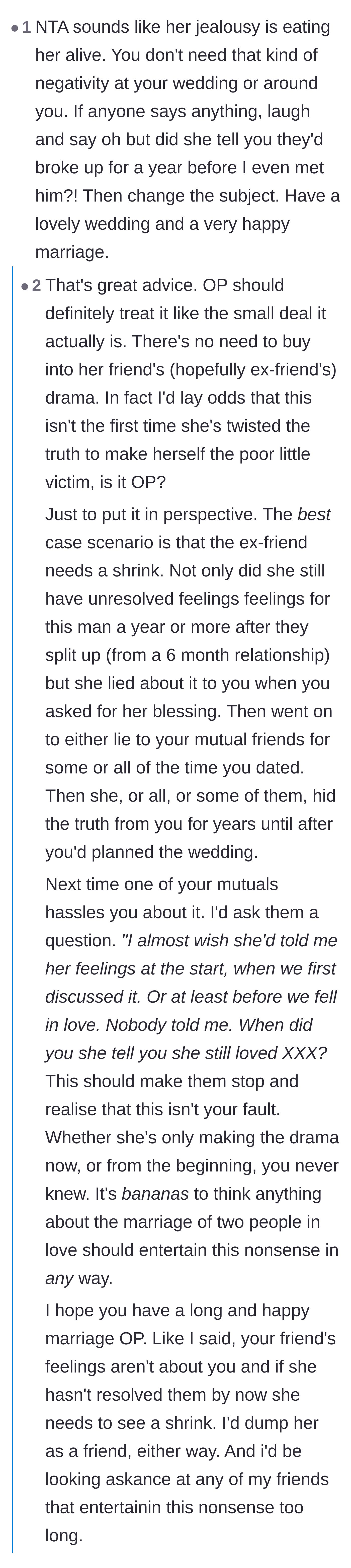 Comment thread 1 - A discussion on how the coworker's fake outrage is actually just deep insecurity about being single.