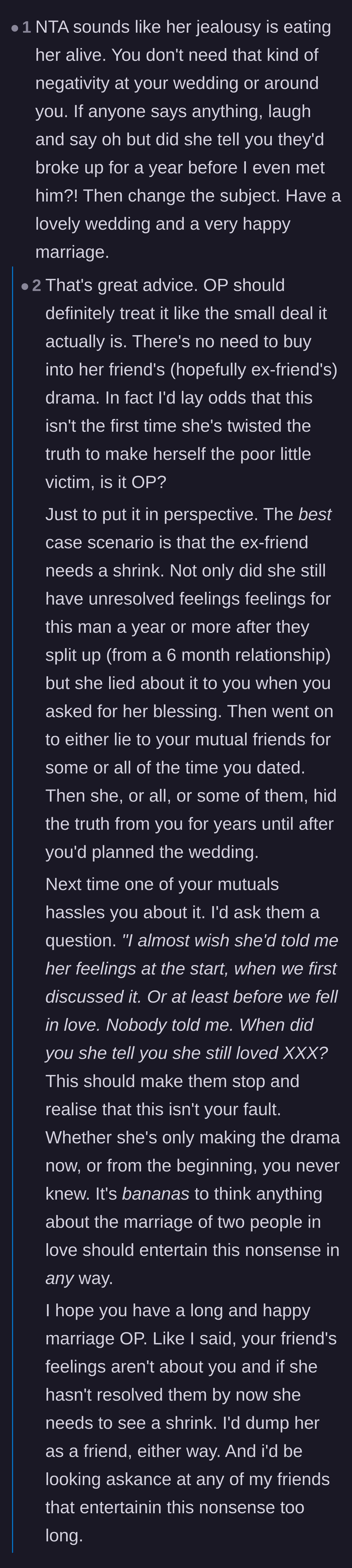 Comment thread 1 - A discussion on how the coworker's fake outrage is actually just deep insecurity about being single.