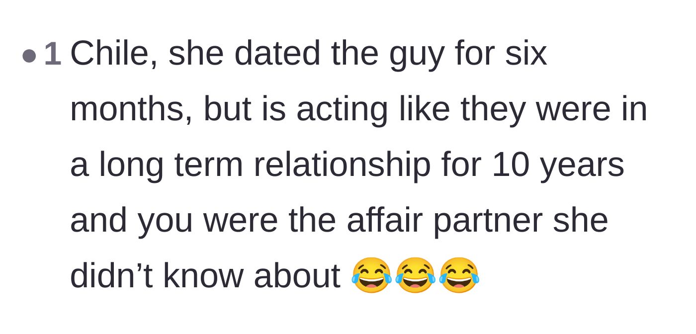 Comment thread 3 - Mocking the coworker for acting like a six-month fling was a decade-long marriage.