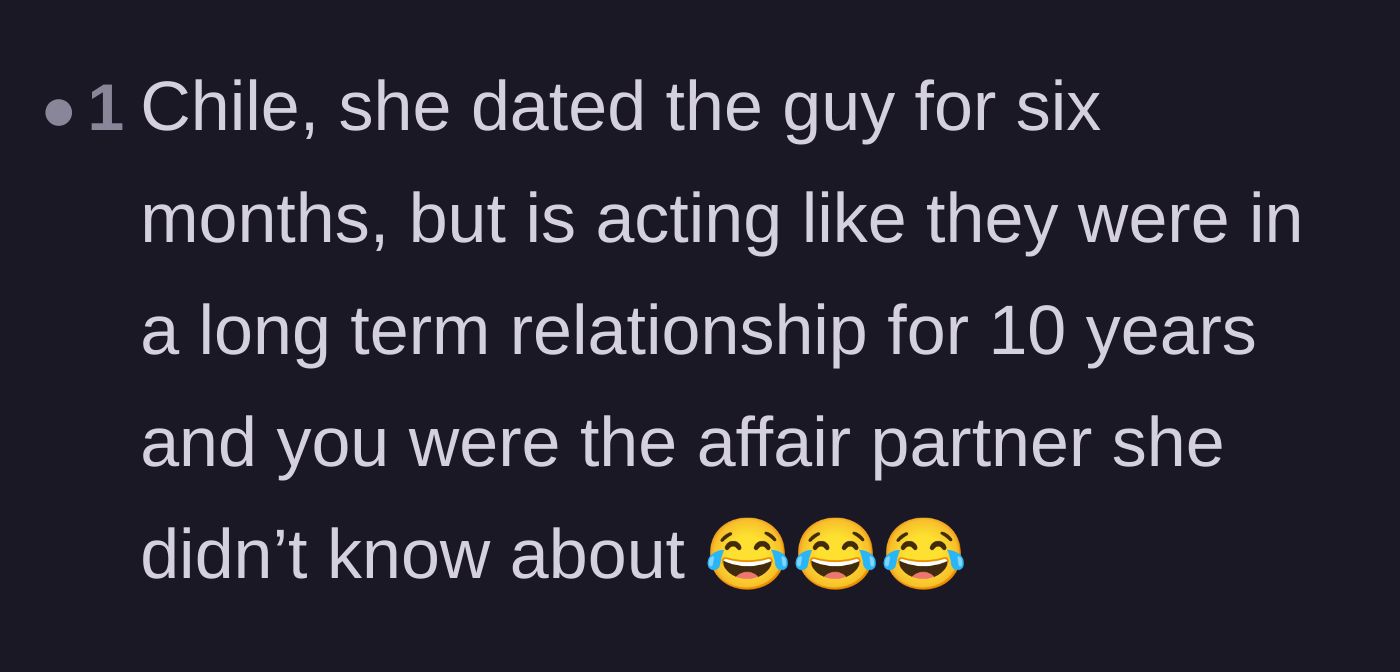 Comment thread 3 - Mocking the coworker for acting like a six-month fling was a decade-long marriage.