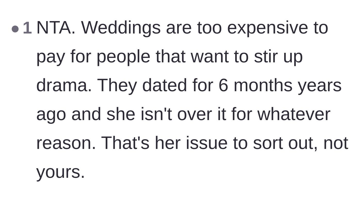 Comment thread 5 - Pointing out that weddings are way too expensive to invite people who just want to cause drama.