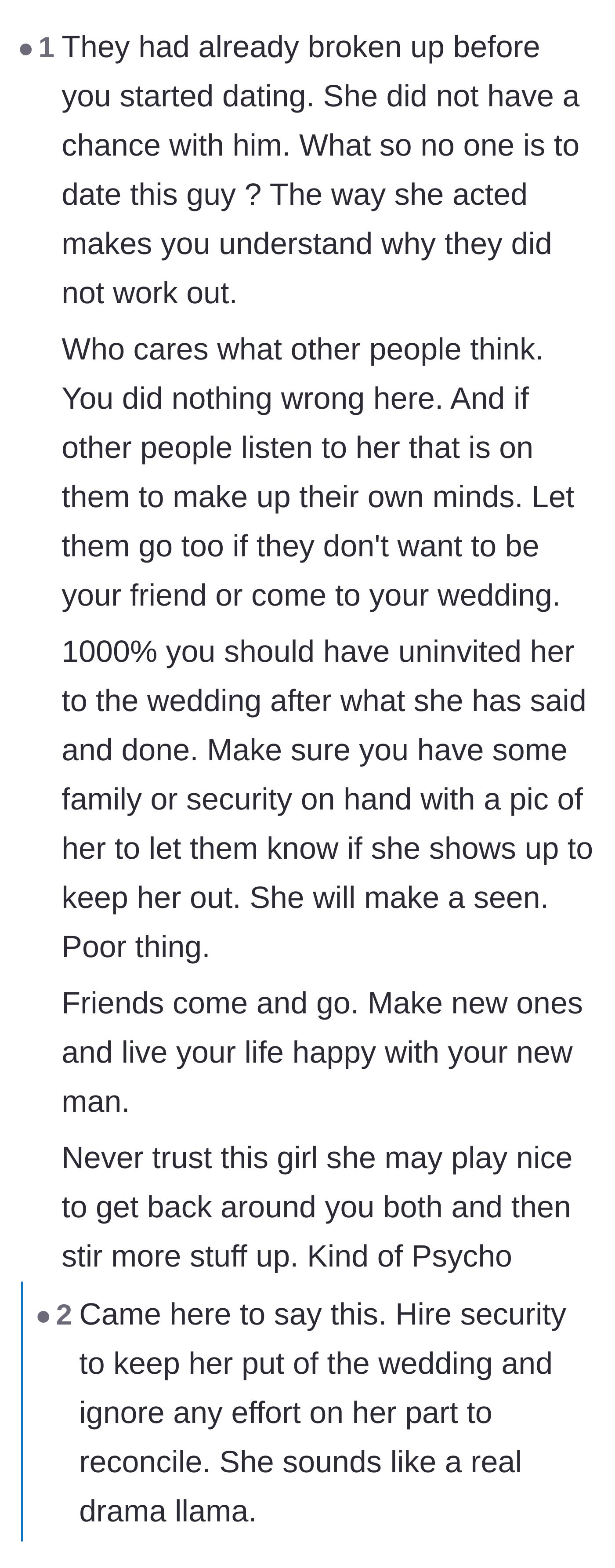 Comment thread 6 - Suggestions to hire security because the unhinged coworker might try to crash the wedding.