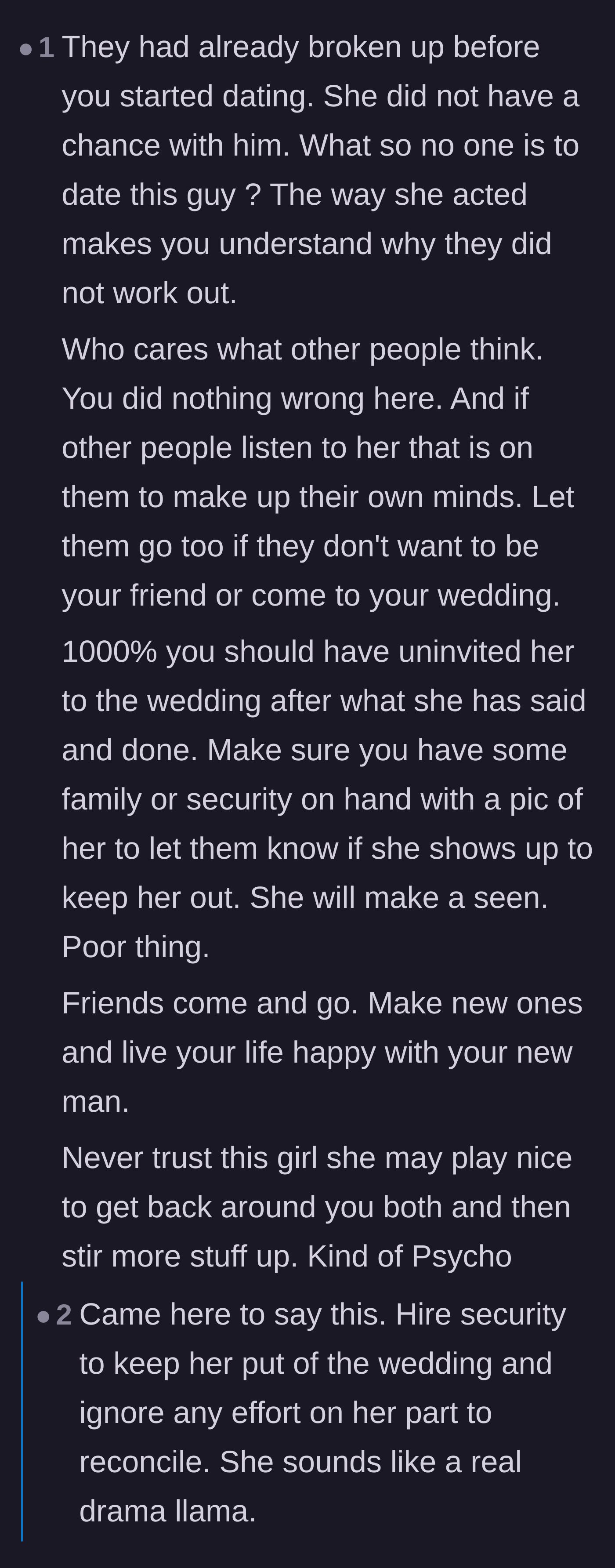 Comment thread 6 - Suggestions to hire security because the unhinged coworker might try to crash the wedding.