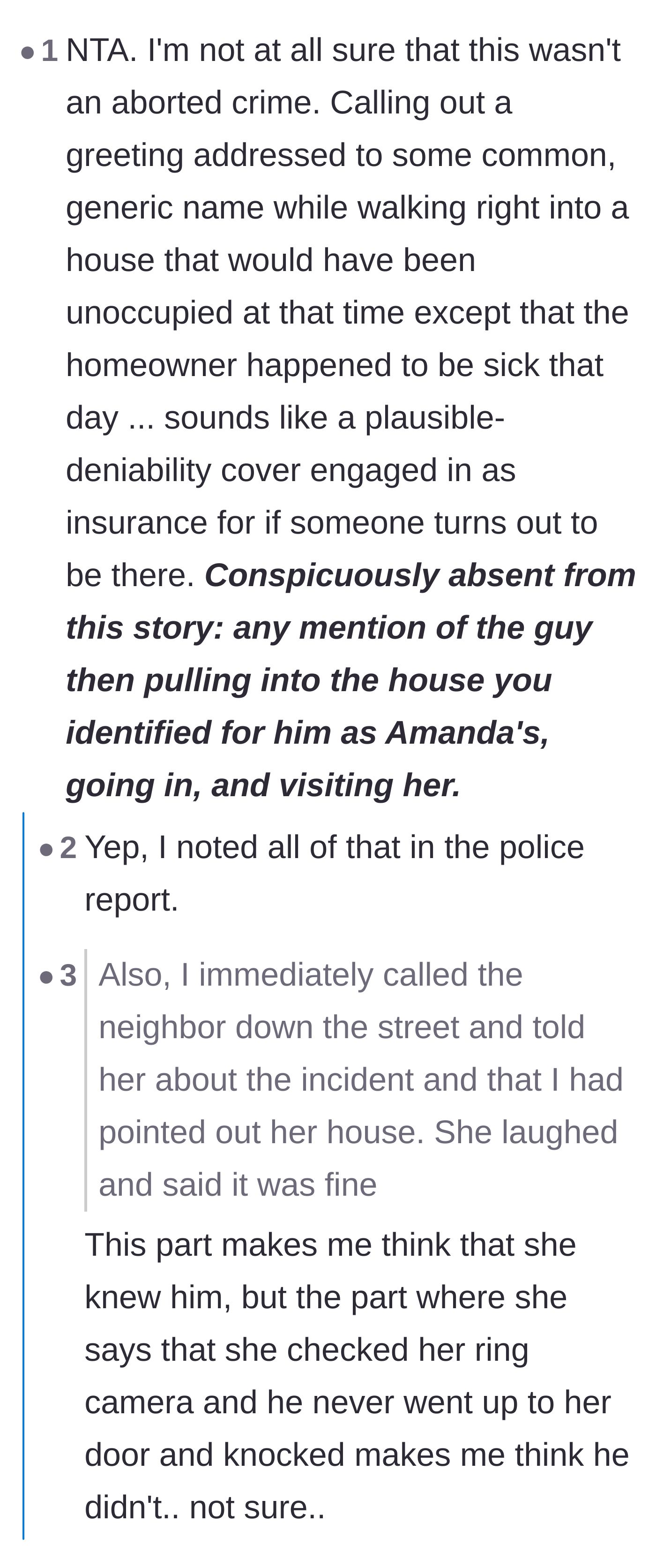 Comment thread 5 - Analysis of the intruder's tactic of shouting a generic name as a premeditated alibi for an aborted burglary.