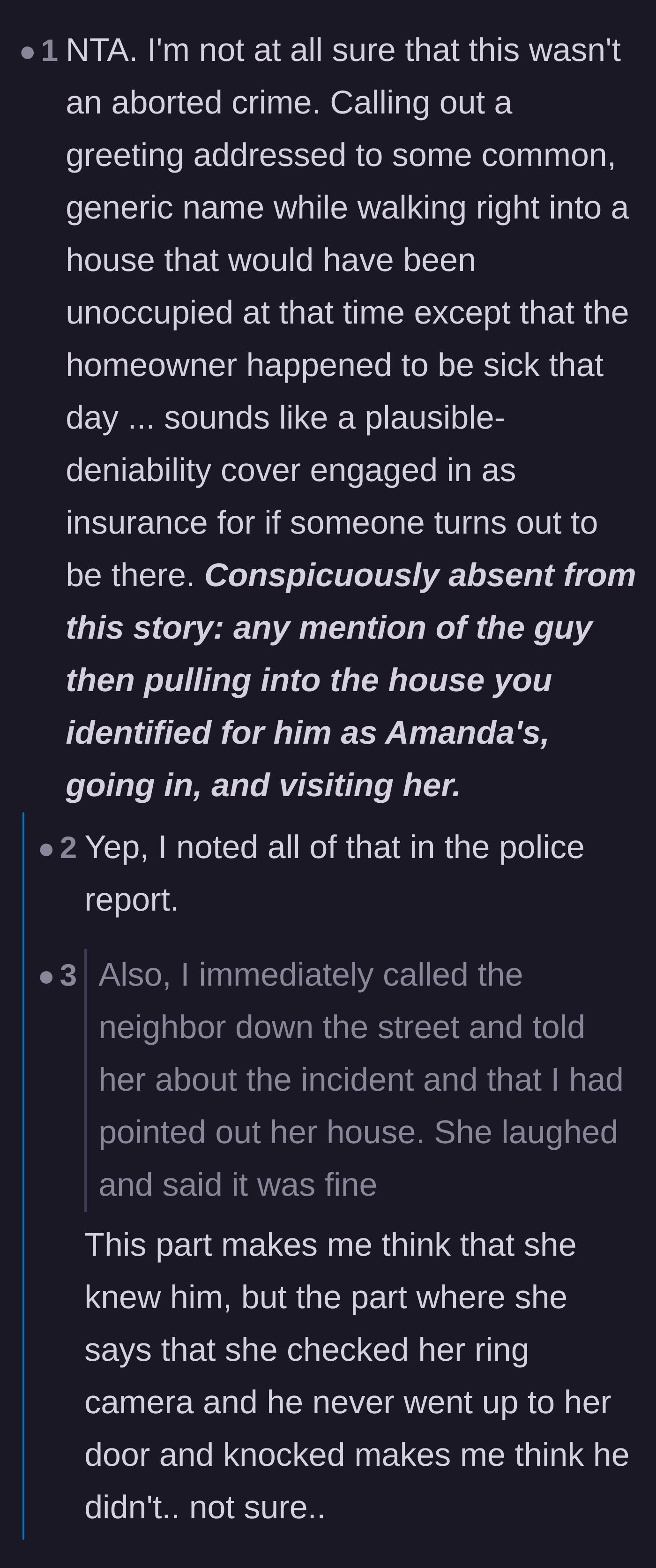 Comment thread 5 - Analysis of the intruder's tactic of shouting a generic name as a premeditated alibi for an aborted burglary.