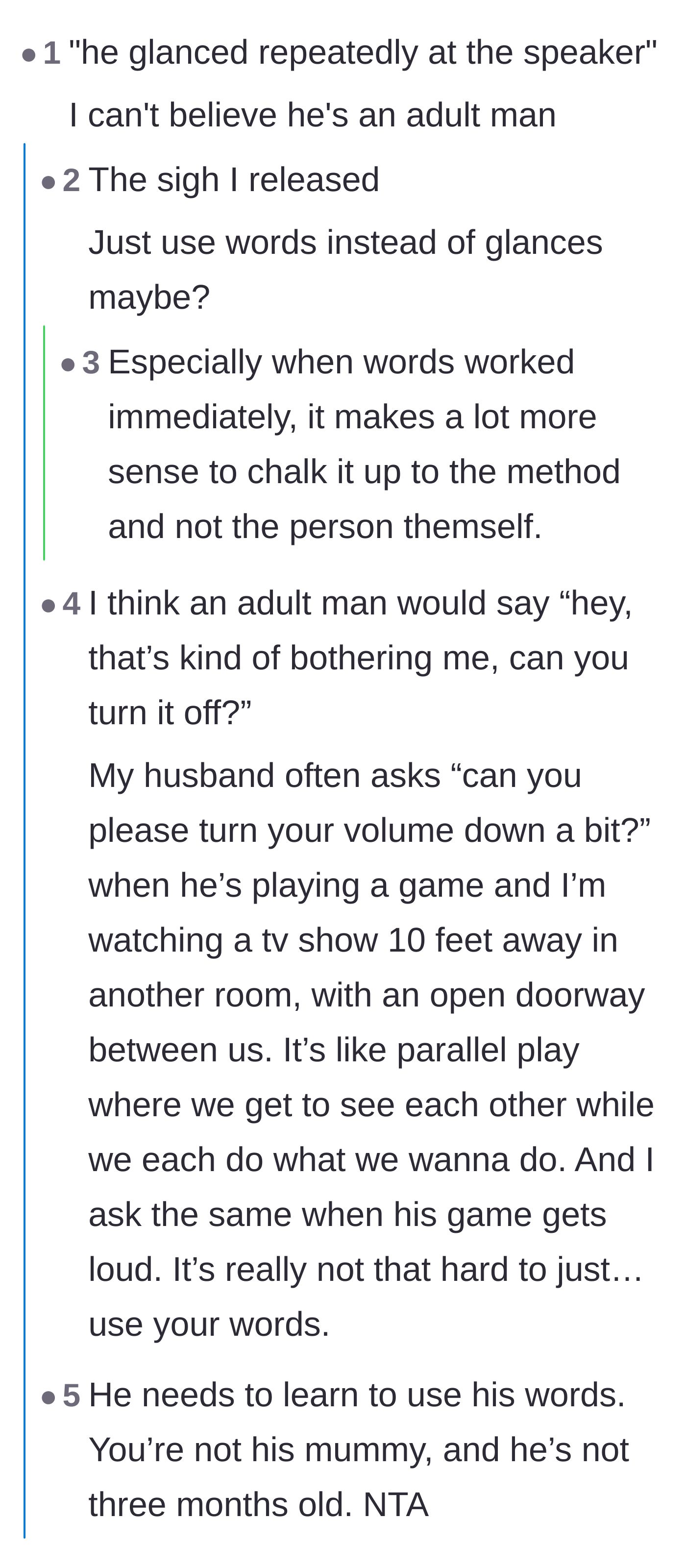 Comment thread 1 - Readers expressing disbelief that a grown man communicates through subtle glances rather than just using his words.