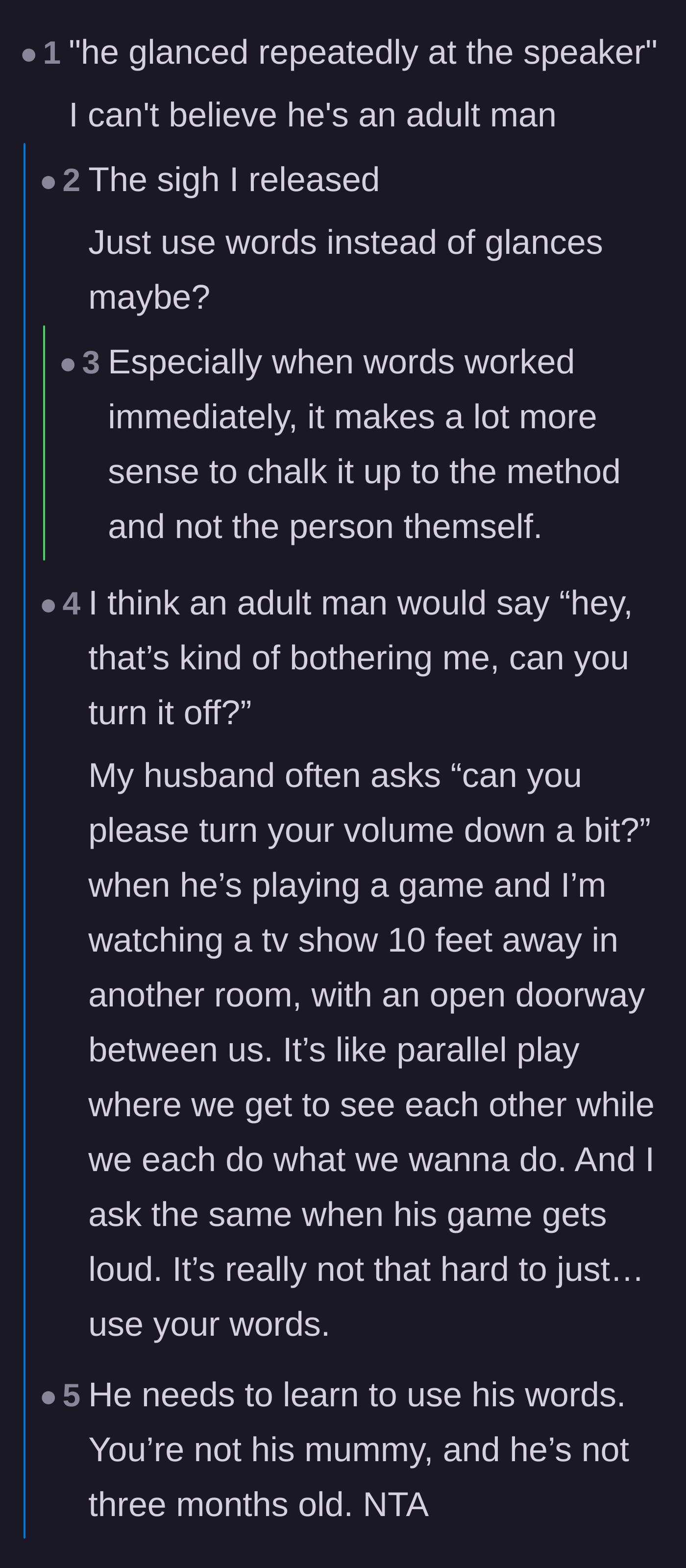 Comment thread 1 - Readers expressing disbelief that a grown man communicates through subtle glances rather than just using his words.