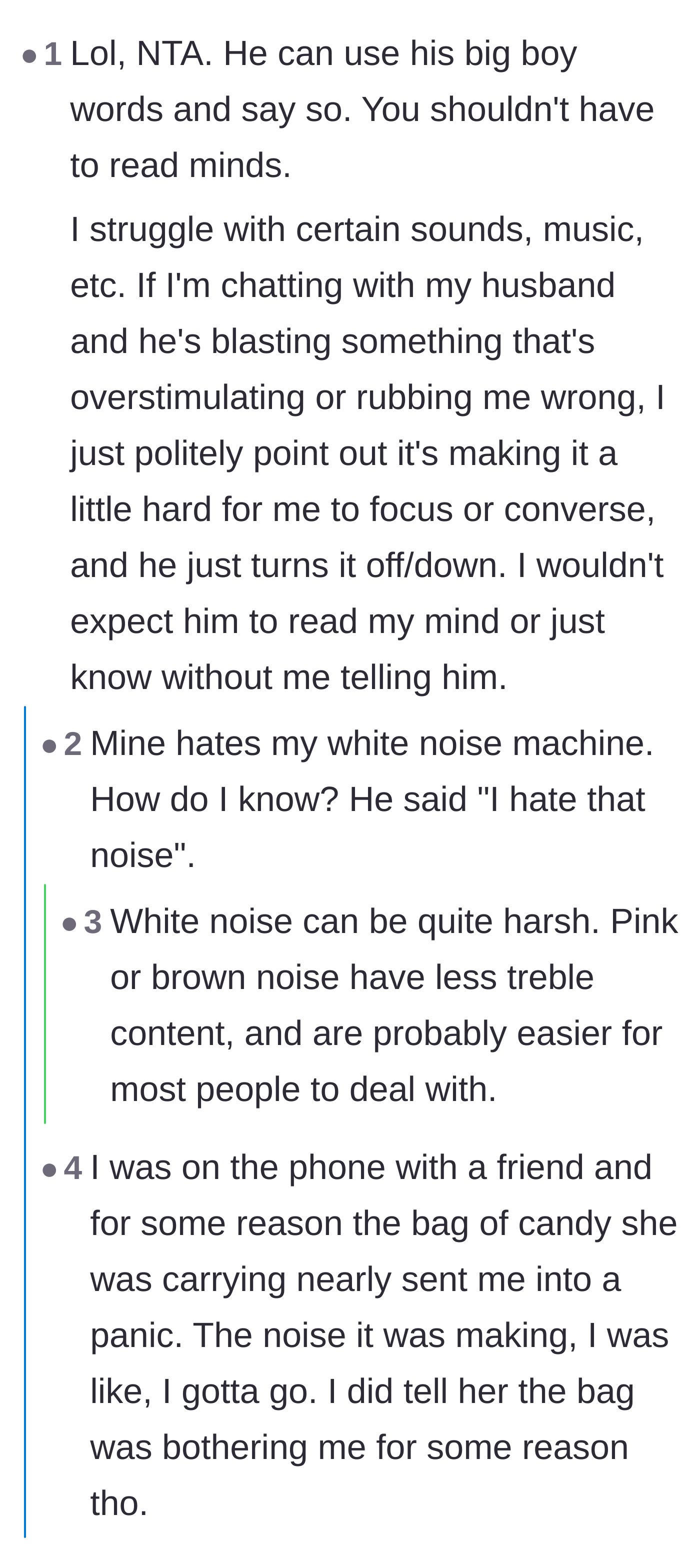 Comment thread 2 - Commenters sharing their own stories of simply asking their spouses to turn off annoying noises without any drama.