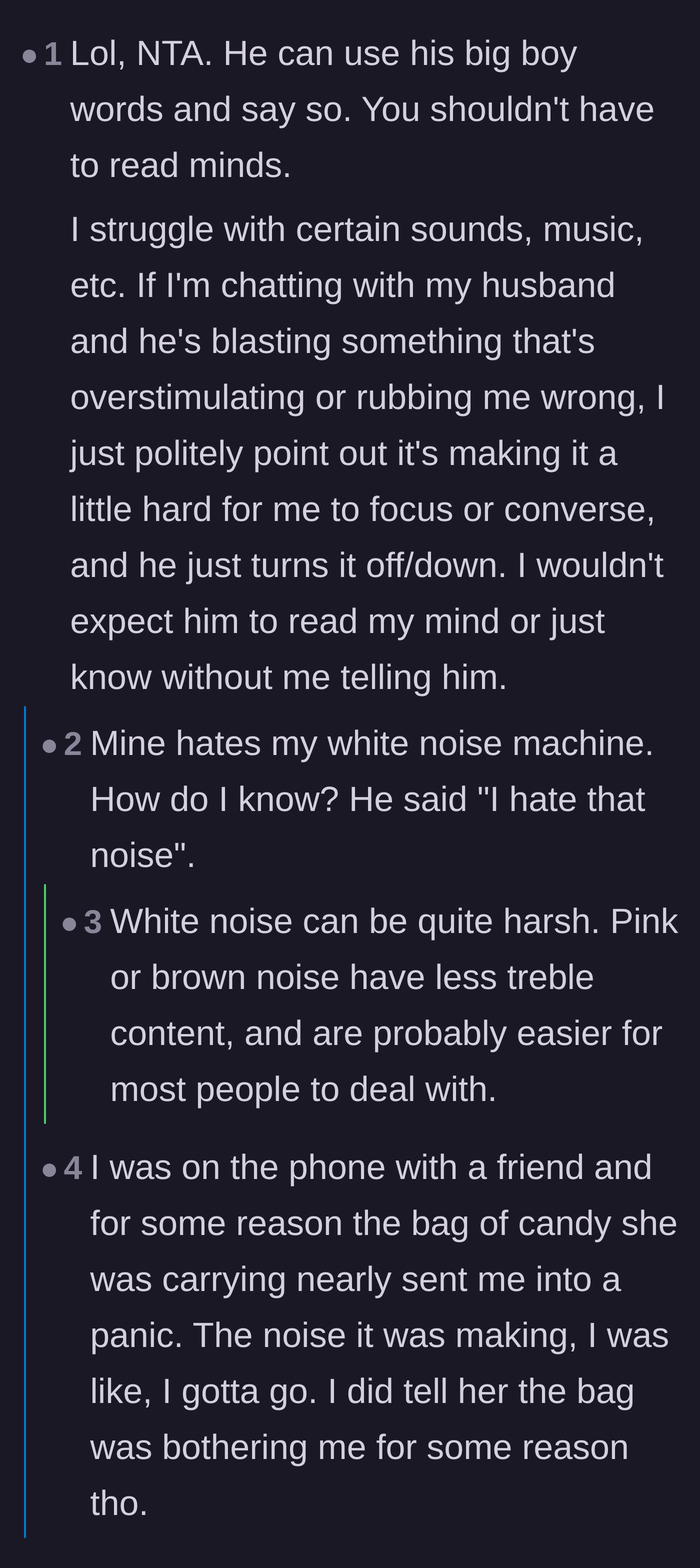 Comment thread 2 - Commenters sharing their own stories of simply asking their spouses to turn off annoying noises without any drama.