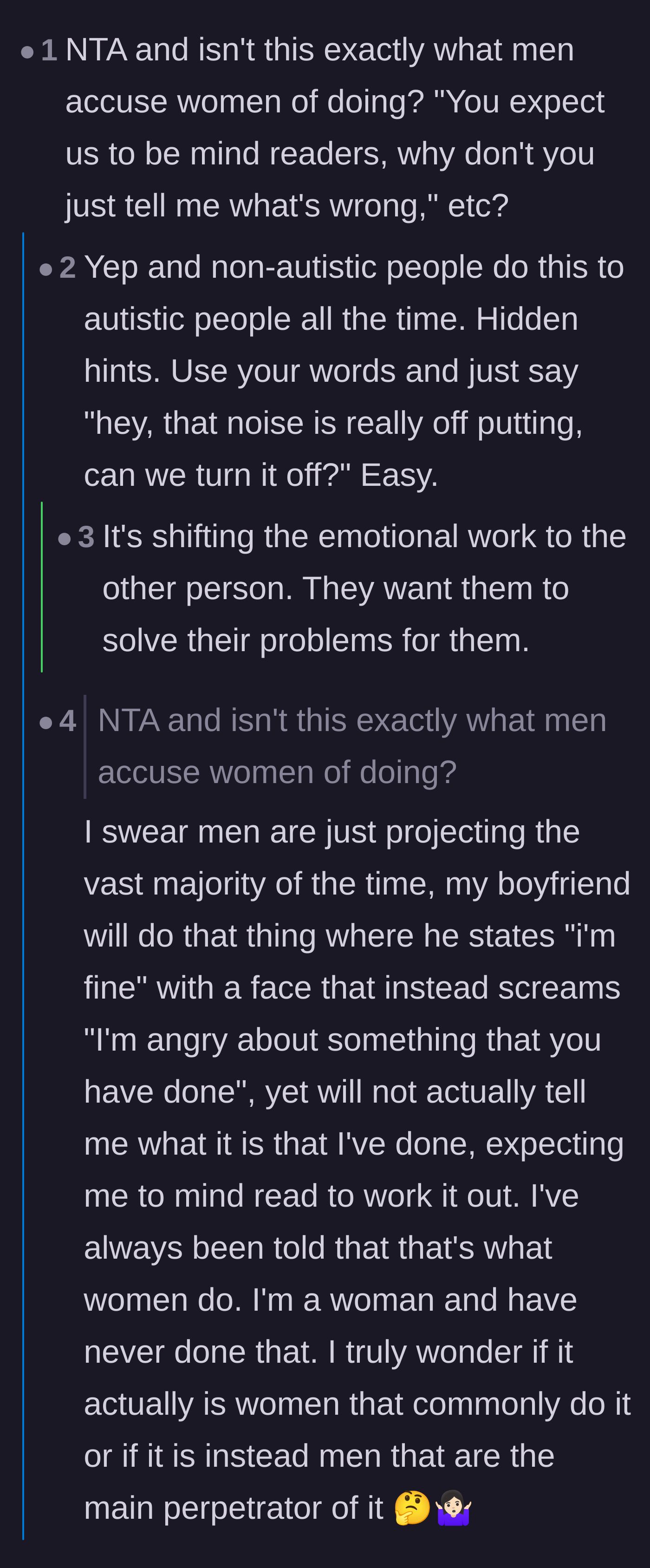 Comment thread 3 - A deep dive into how expecting your partner to read your mind unfairly shifts the emotional labor onto them.