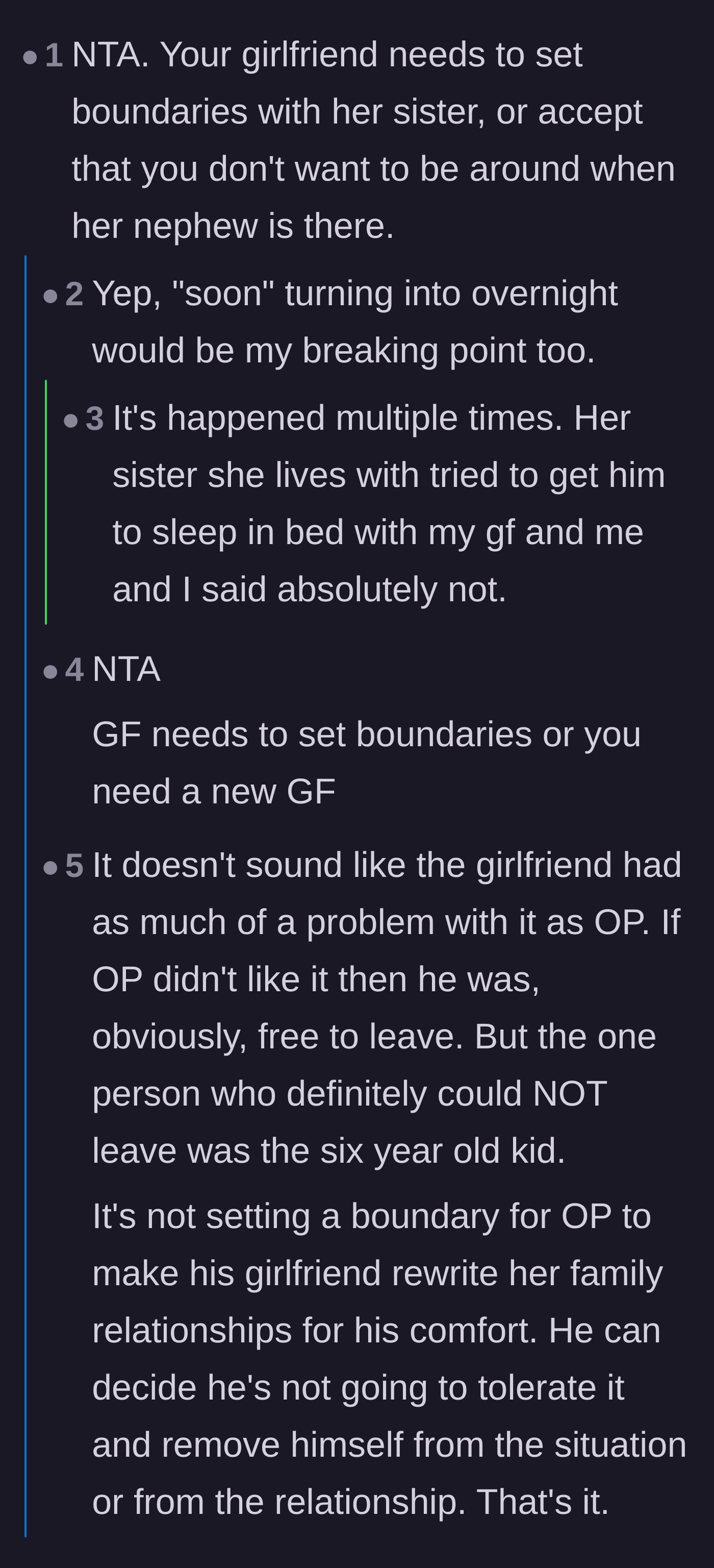 Comment thread 3 - Readers urging the narrator to recognize the girlfriend's lack of boundaries as a major red flag, especially regarding sleeping arrangements.