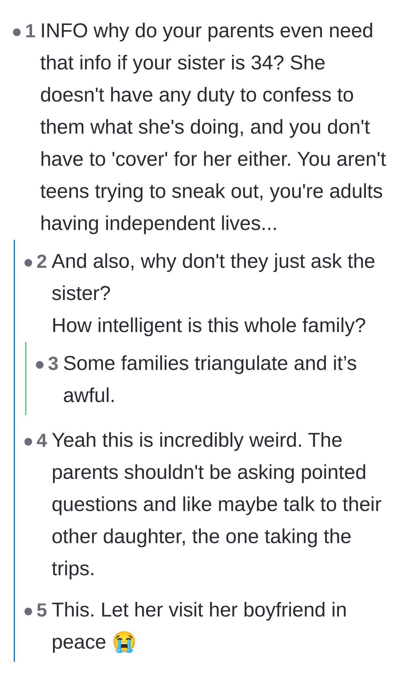 Comment thread 1 - Readers diagnosing the family's unhealthy enmeshment and offering hilarious theories about the sister's secret life.