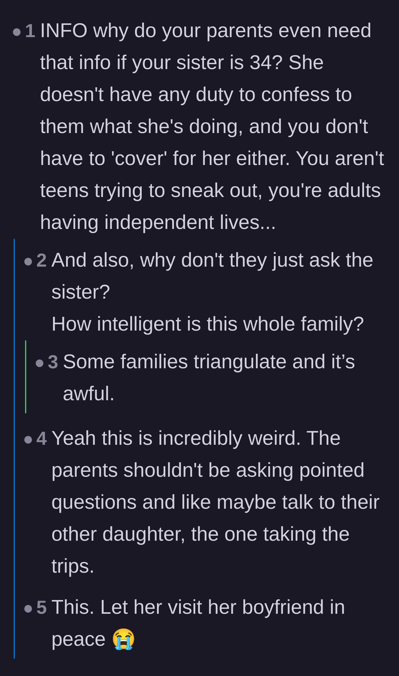 Comment thread 1 - Readers diagnosing the family's unhealthy enmeshment and offering hilarious theories about the sister's secret life.
